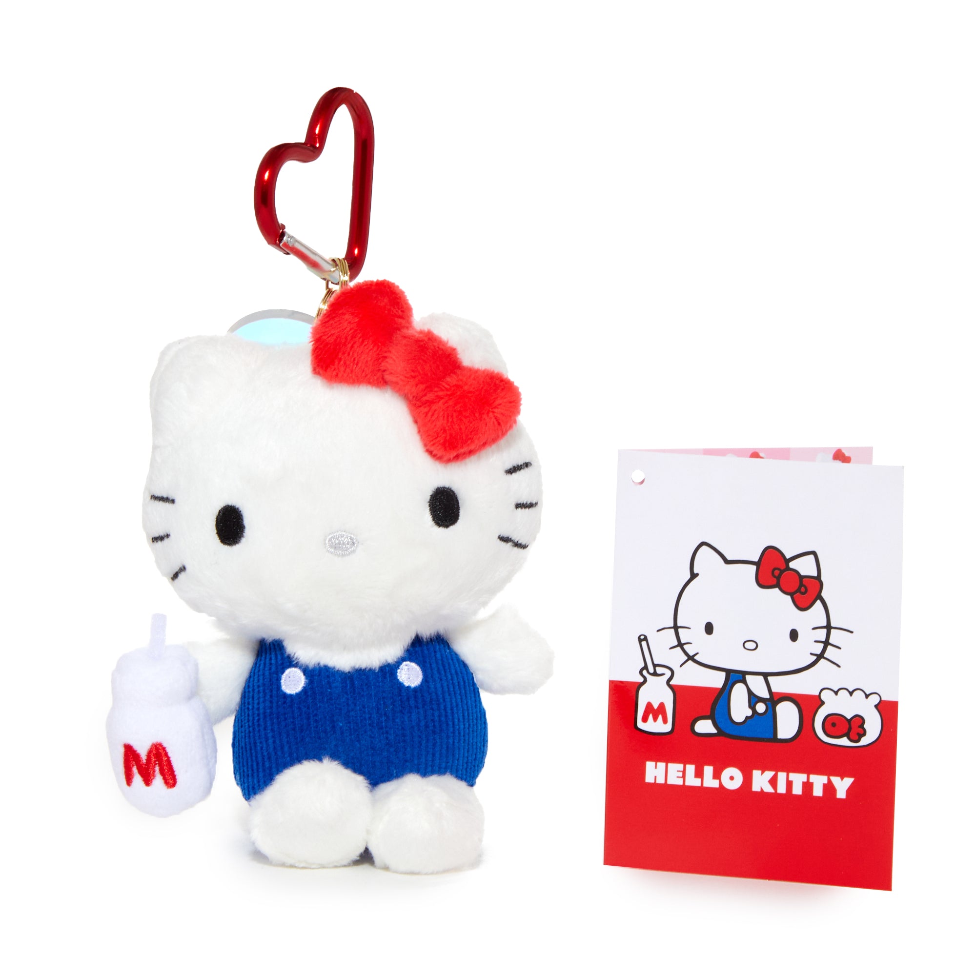 Hello Kitty 50th Anniversary 1974 plush mascot front view with heart-shaped carabiner