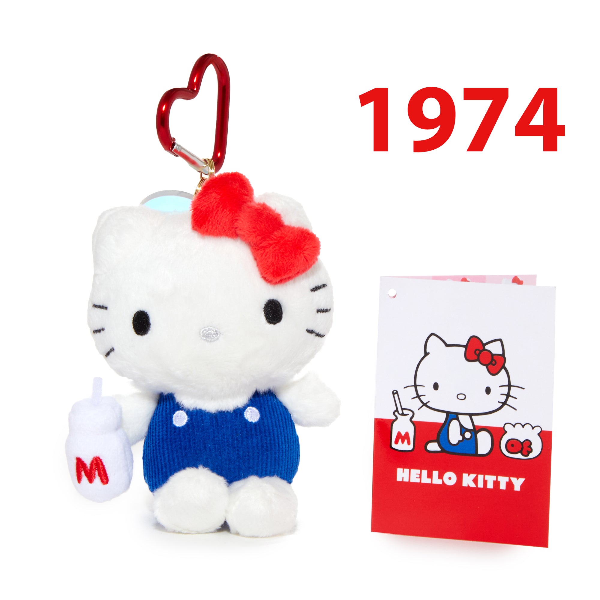 Hello Kitty 50th Anniversary 1974 plush mascot back view showing 50th Anniversary acrylic charm