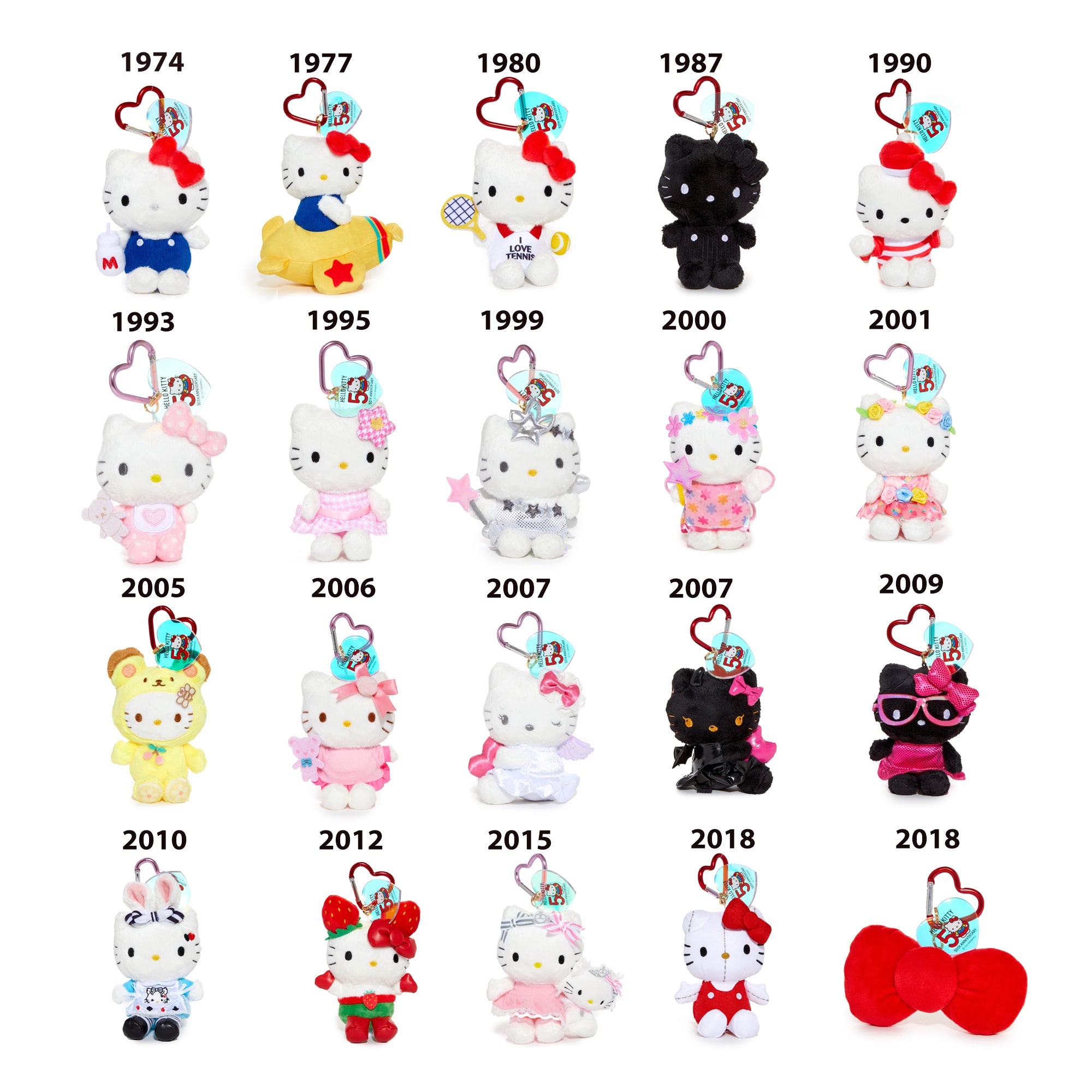 Hello Kitty 50th Anniversary 1974 plush mascot back view showing 50th Anniversary acrylic charm