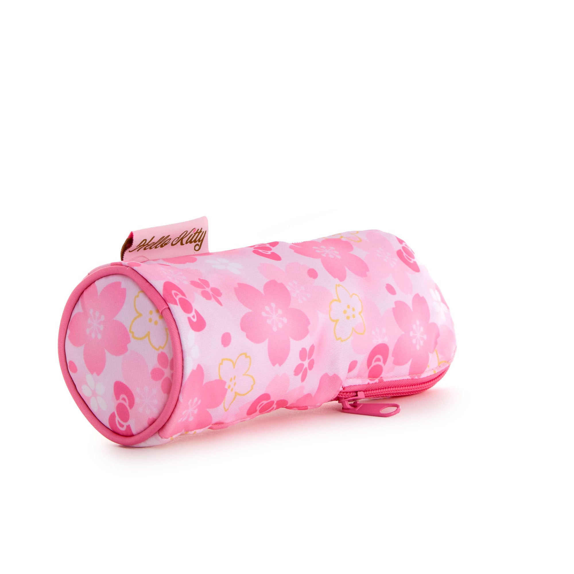 Close-up of Hello Kitty blossom pencil pouch showing sakura print and zipper
