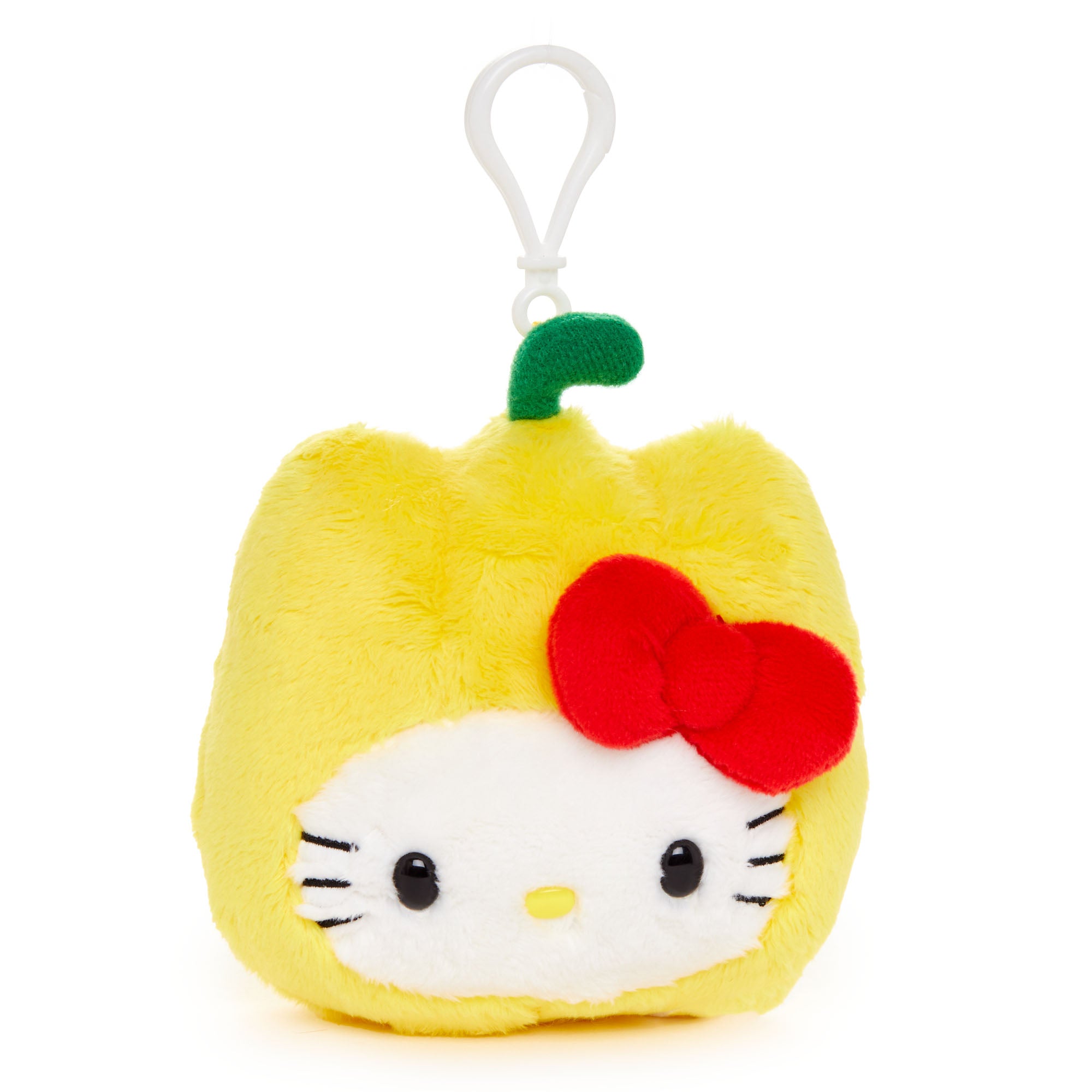 Close-up of Hello Kitty fruit plush keychain clipped onto a backpack showing detailed embroidery