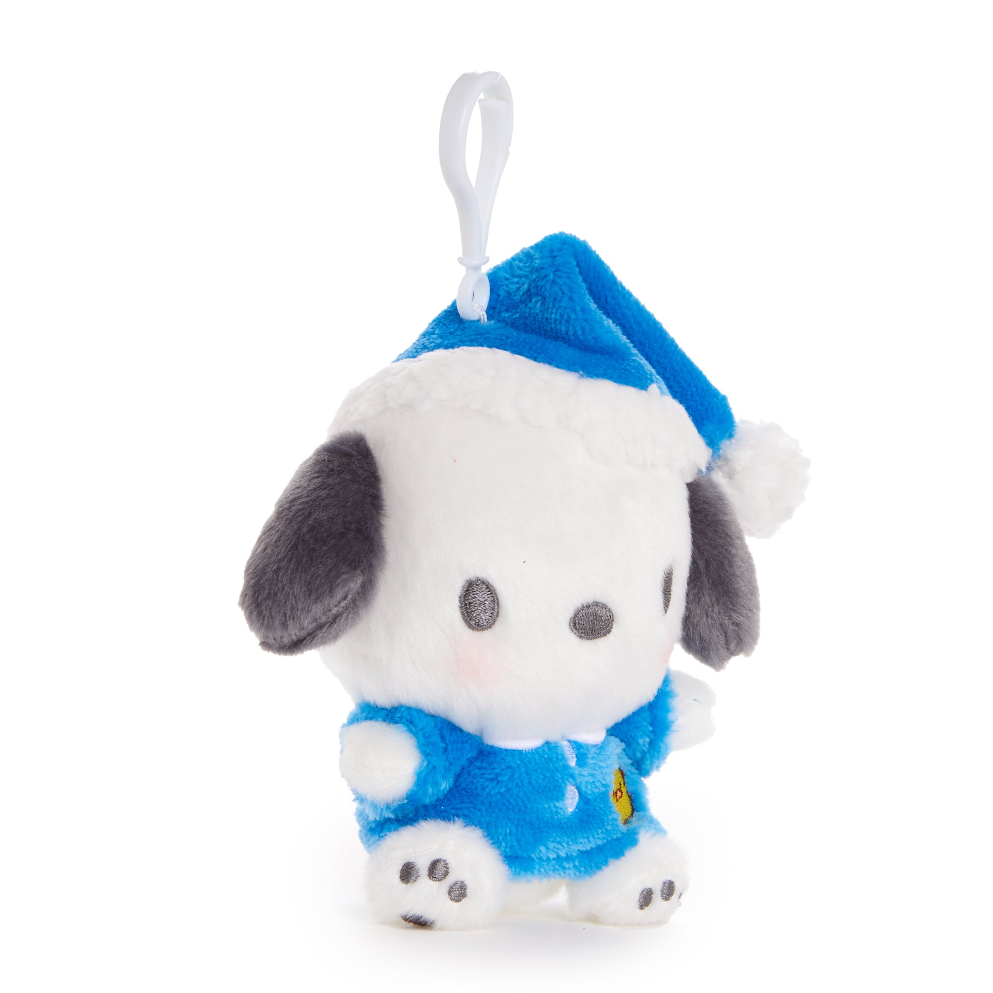 Front view of Pochacco plush mascot clip in mocha gown and nightcap