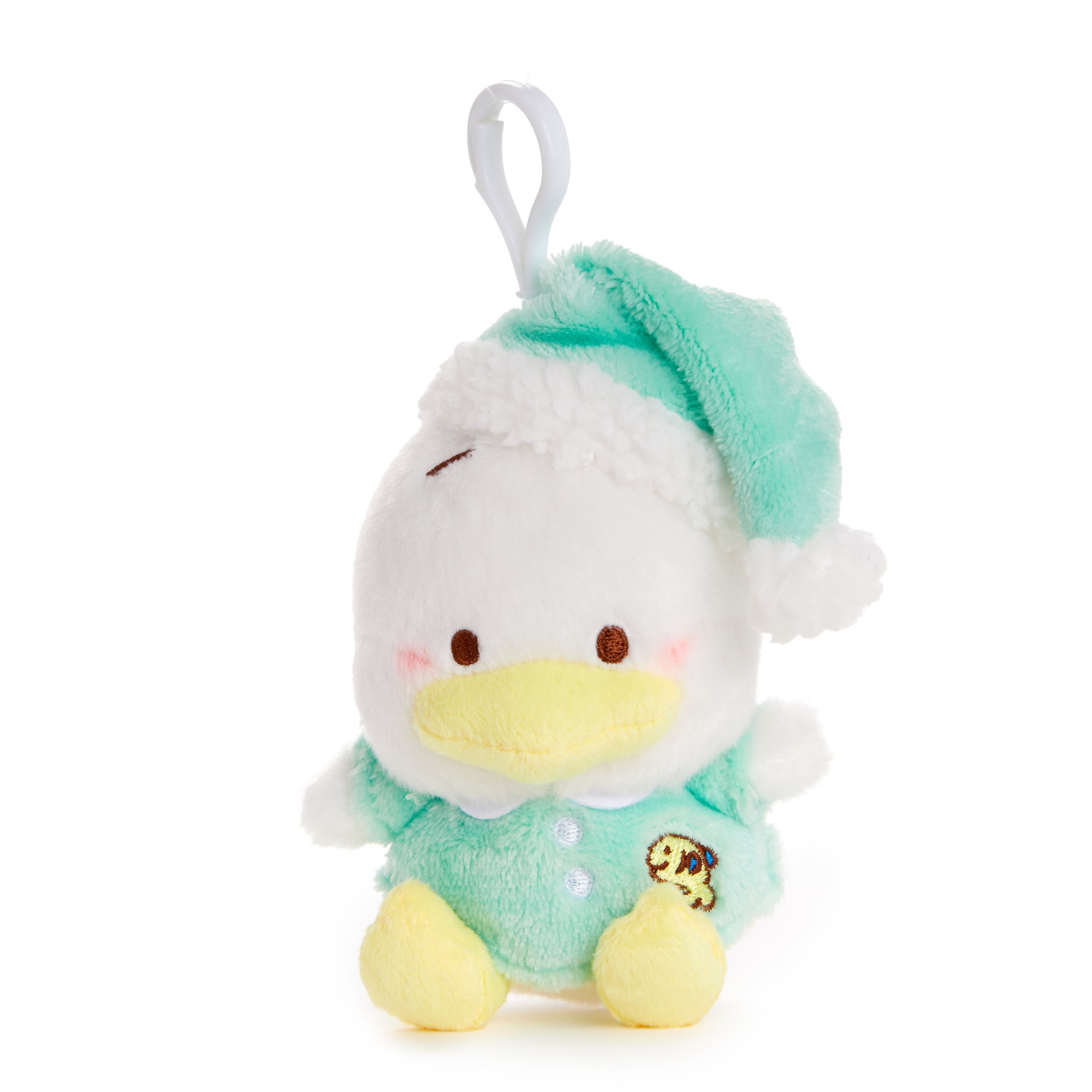 Front view of sleepytime sanrio plush with mascot clip attached to keys