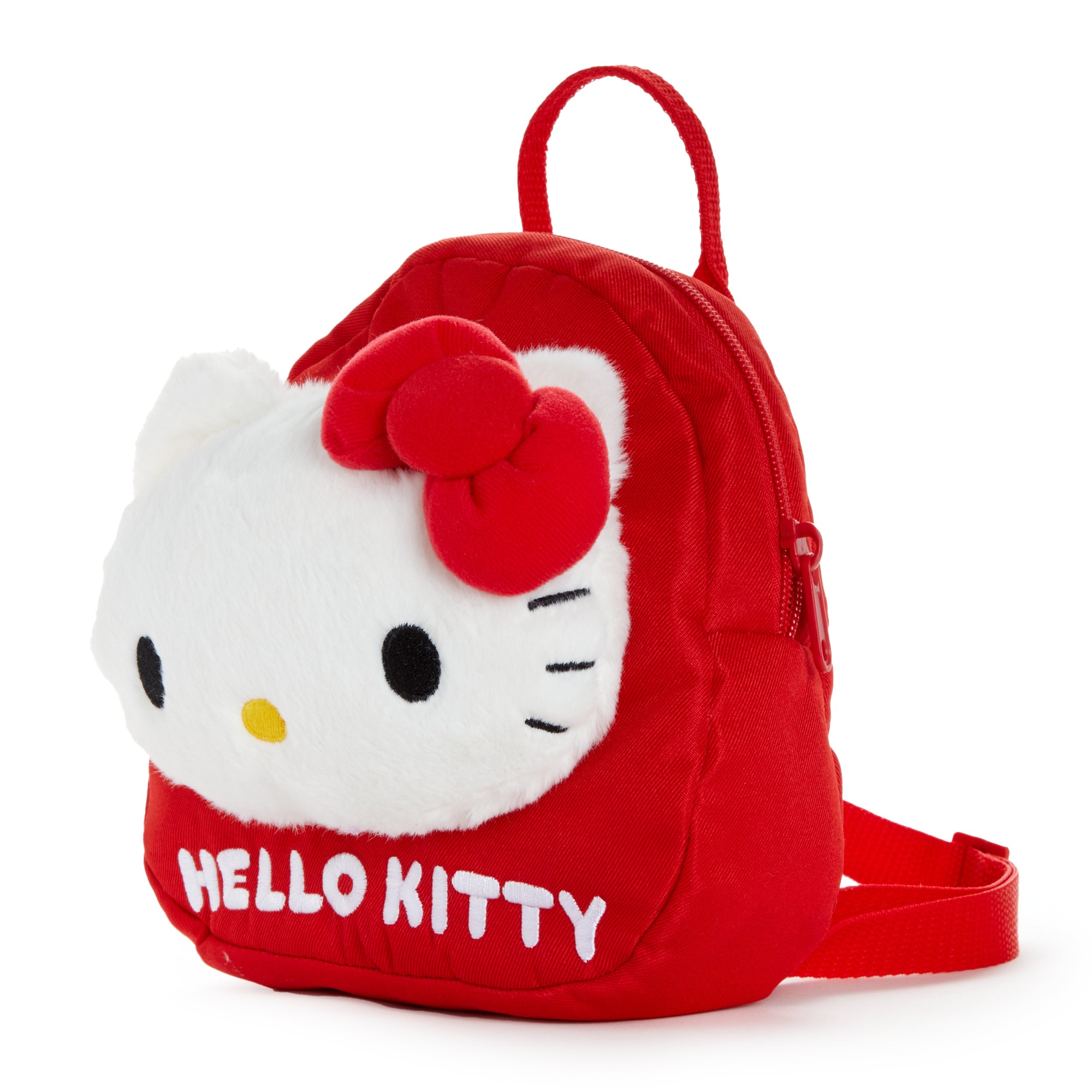 Close-up of the plush Hello Kitty face and embroidered details on the backpack