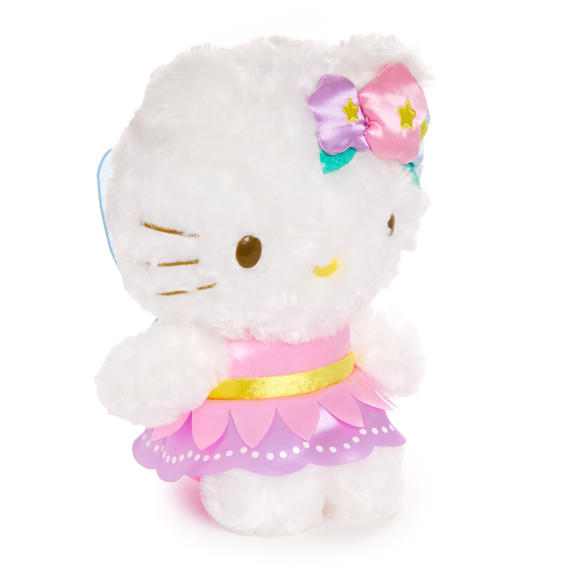 Front view of 8-inch Hello Kitty plush with embroidered details and pastel colors