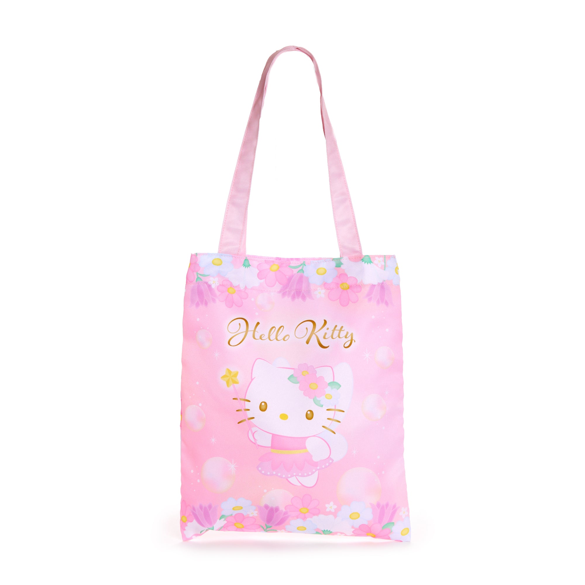 Front view of Hello Kitty floral fairy tote bag with vibrant spring flowers