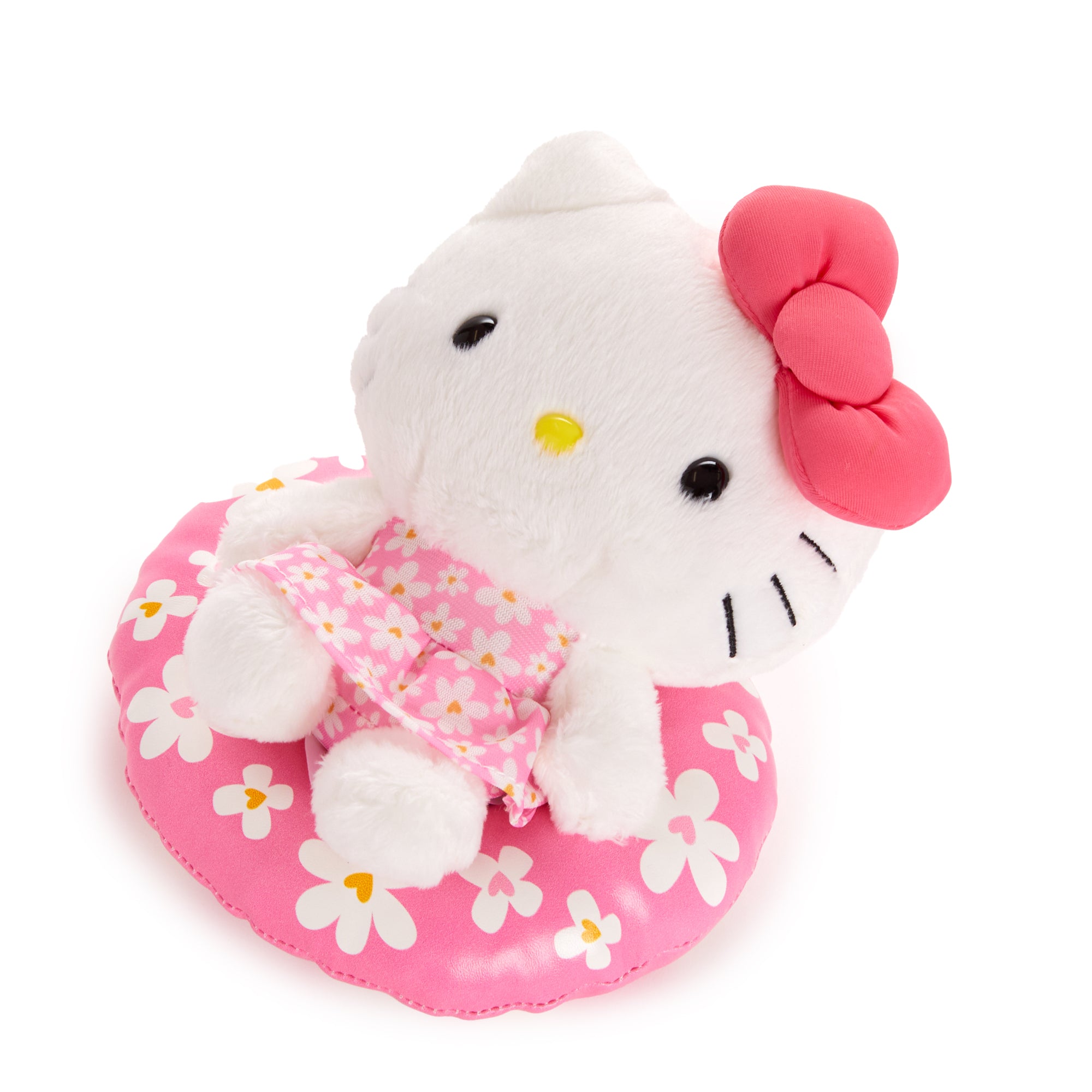 Front view of Hello Kitty bean doll in floral swimsuit sitting on floaty