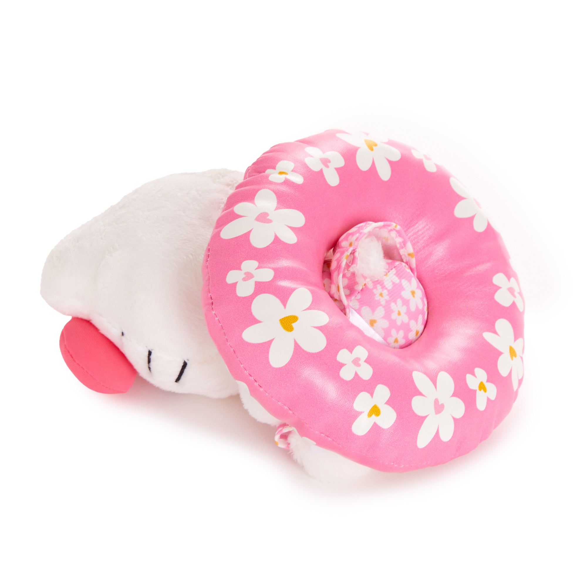 Front view of Hello Kitty bean doll in floral swimsuit sitting on floaty