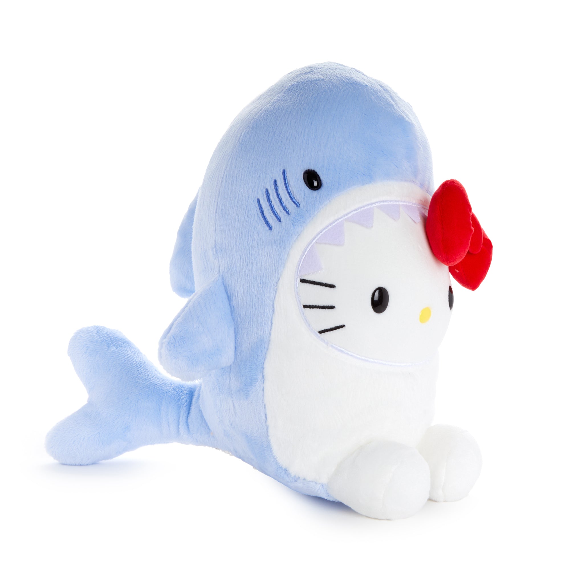 Side view of the Hello Kitty plush toy highlighting its adorable features