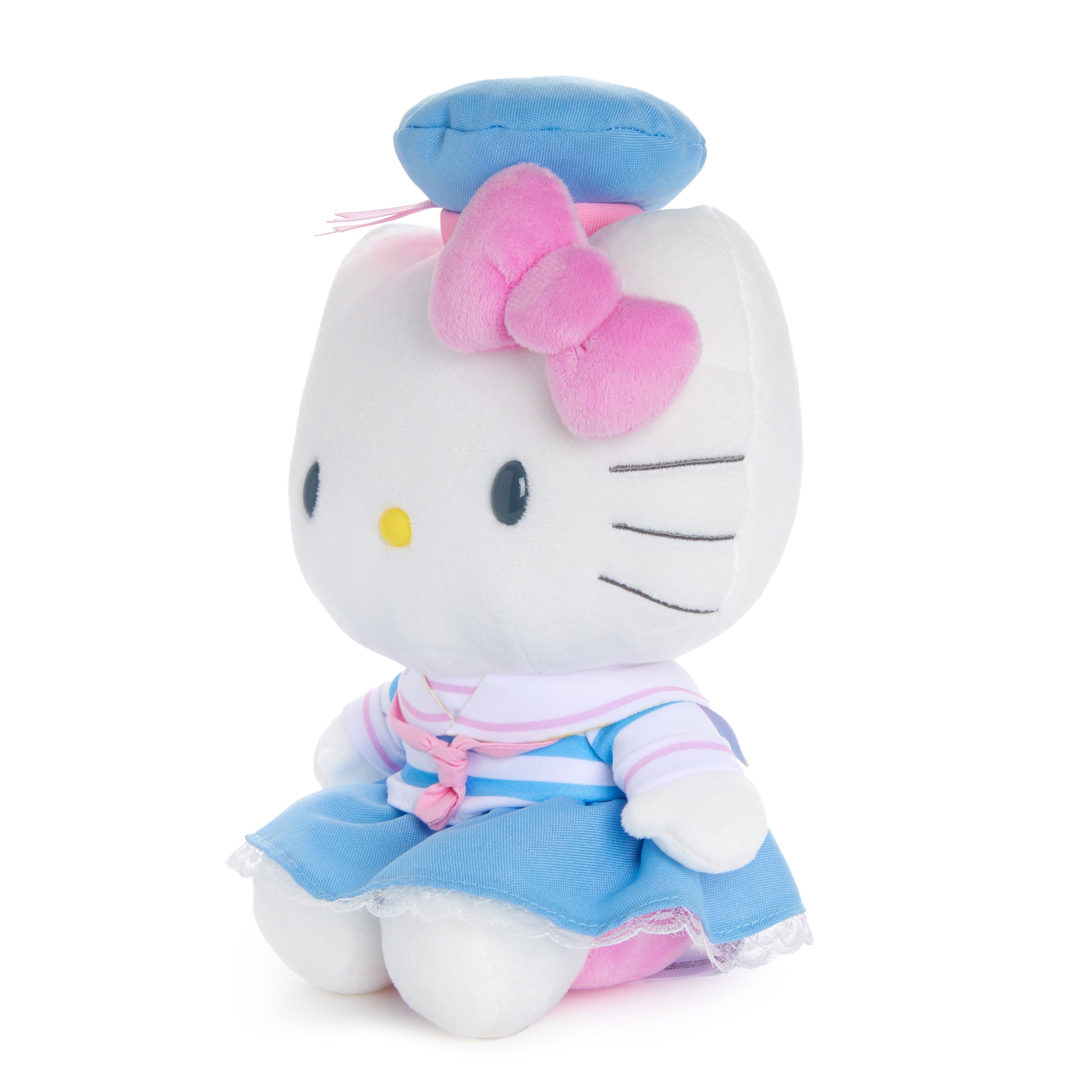 Close-up of embroidered details and sailor hat from Hello Kitty plush bouquet arrangement