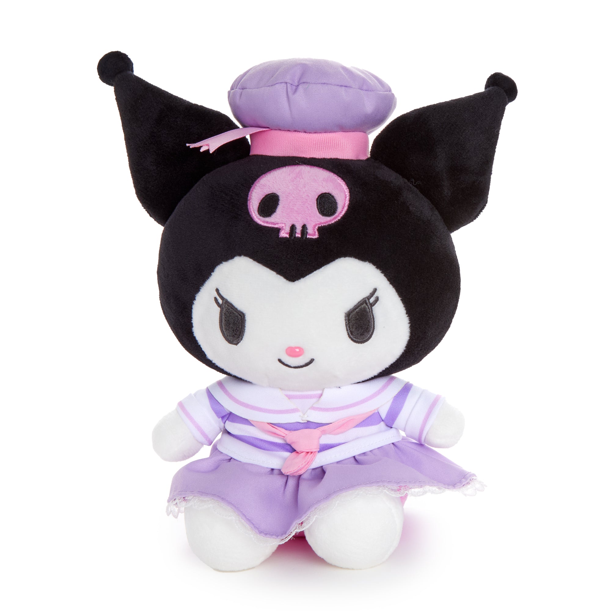 Kuromi sailor plush toy on a wooden shelf, showing hat and scarf details