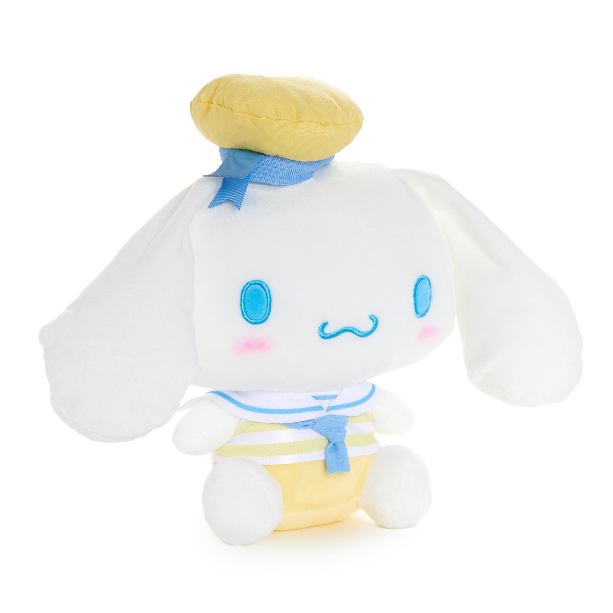 Close-up of embroidered details on Cinnamoroll plush sailor hat