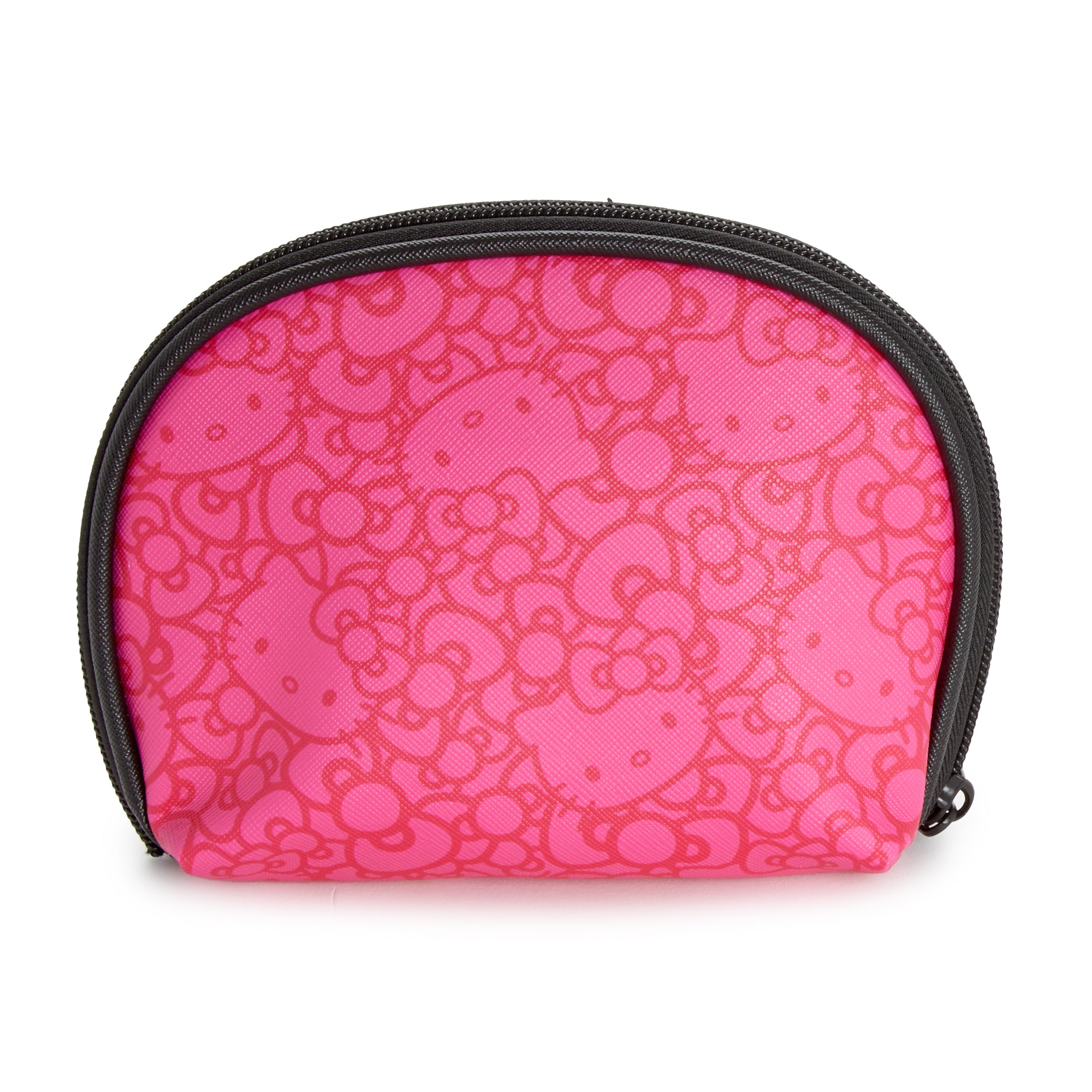 Close-up of the zippered closure on the pink Hello Kitty pouch, showing the fun monochromatic pattern