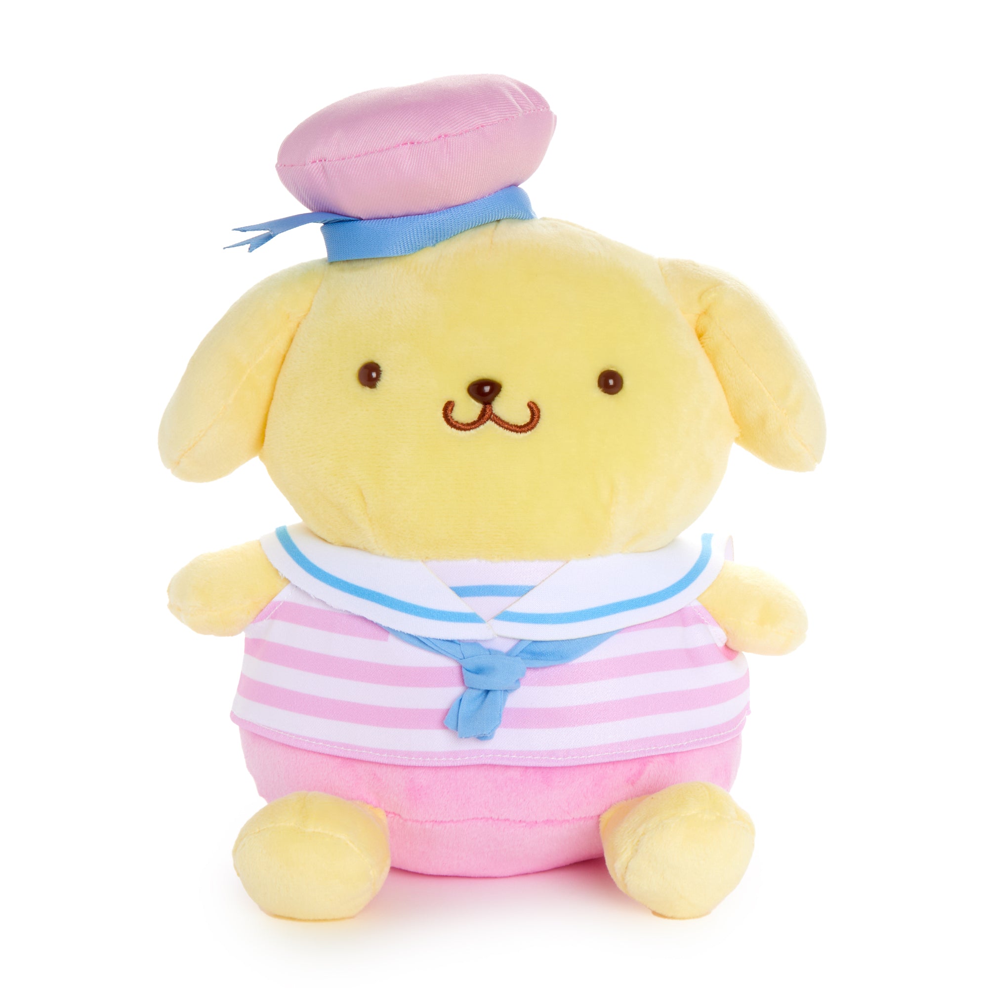 Close-up of Pompompurin plush in sailor outfit showing embroidered details