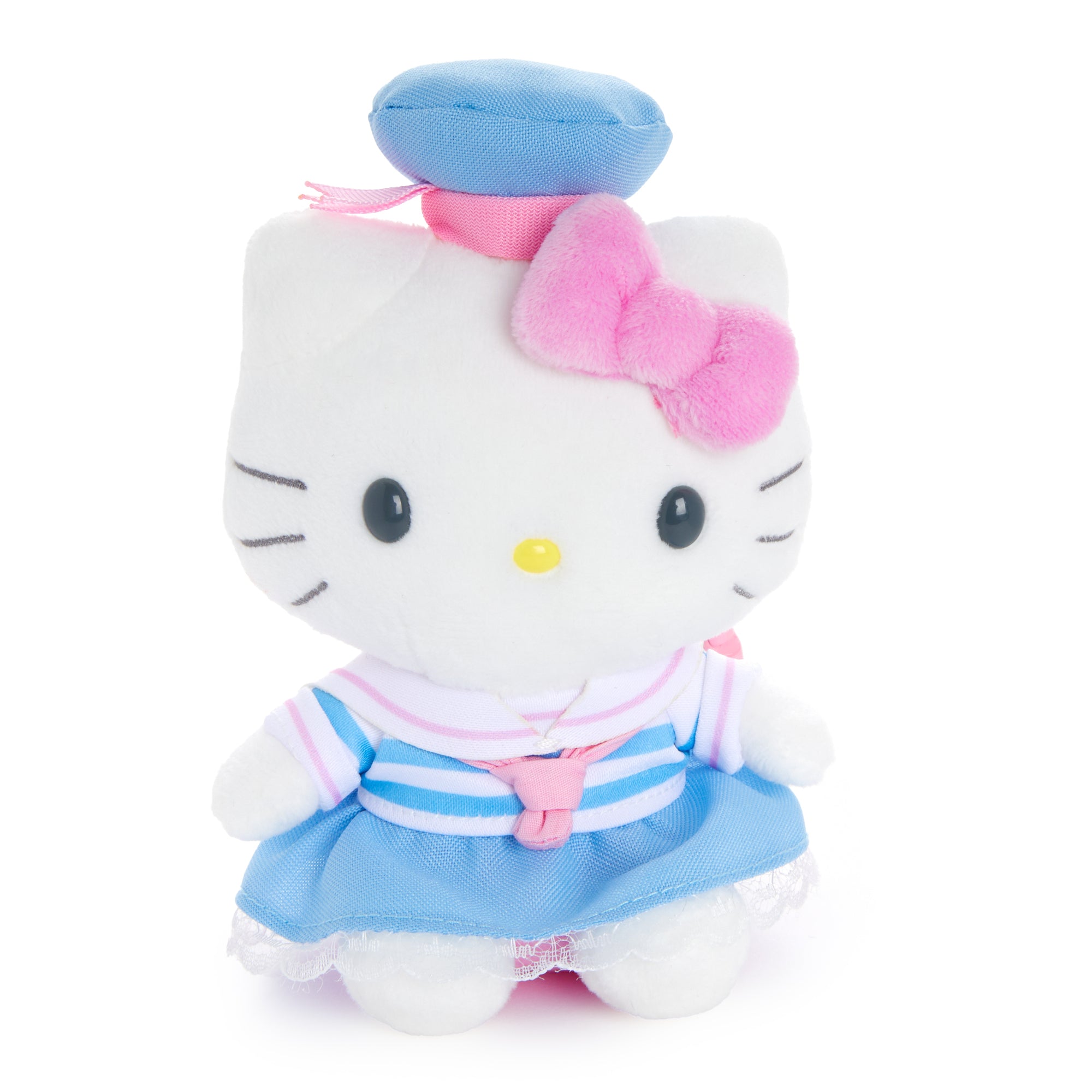 Side view of Hello Kitty keychain plush showing embroidered details
