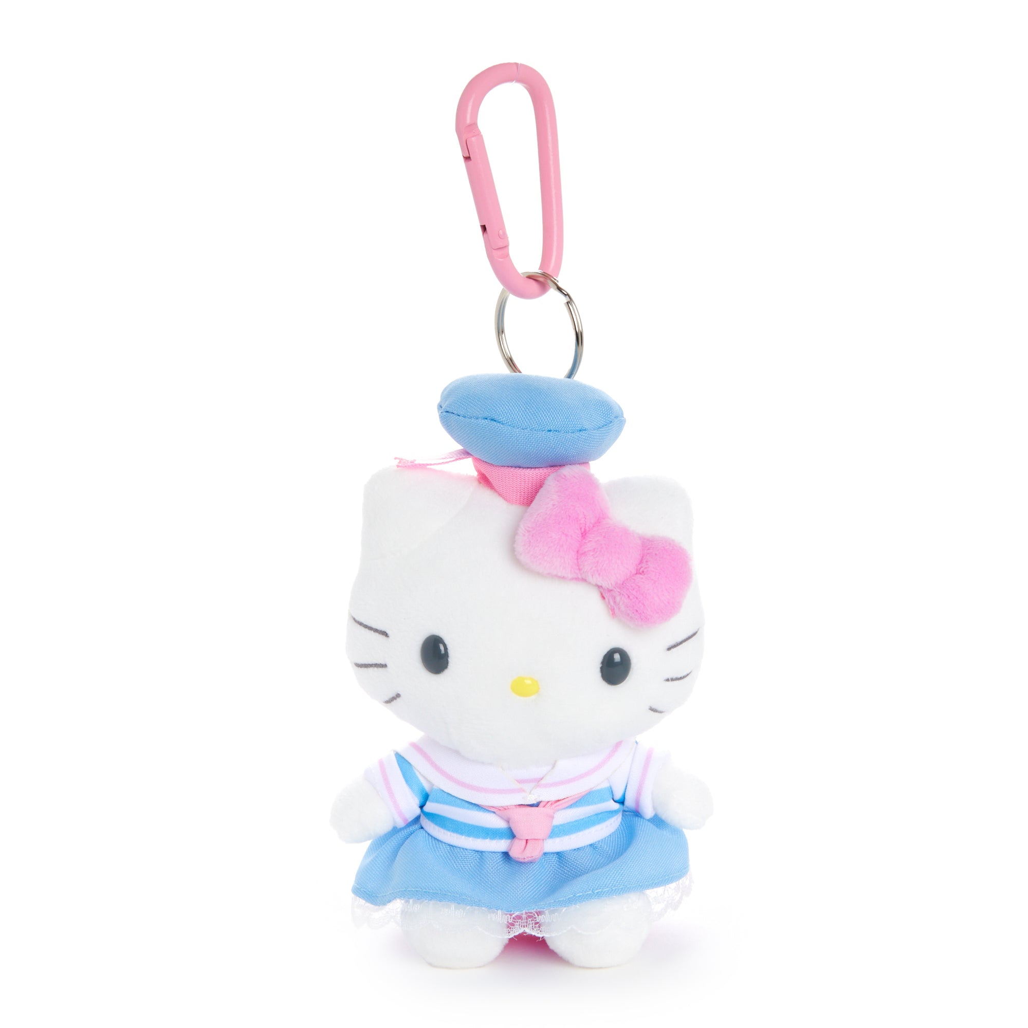 Hello Kitty plush keychain in a pastel sailor outfit, front view