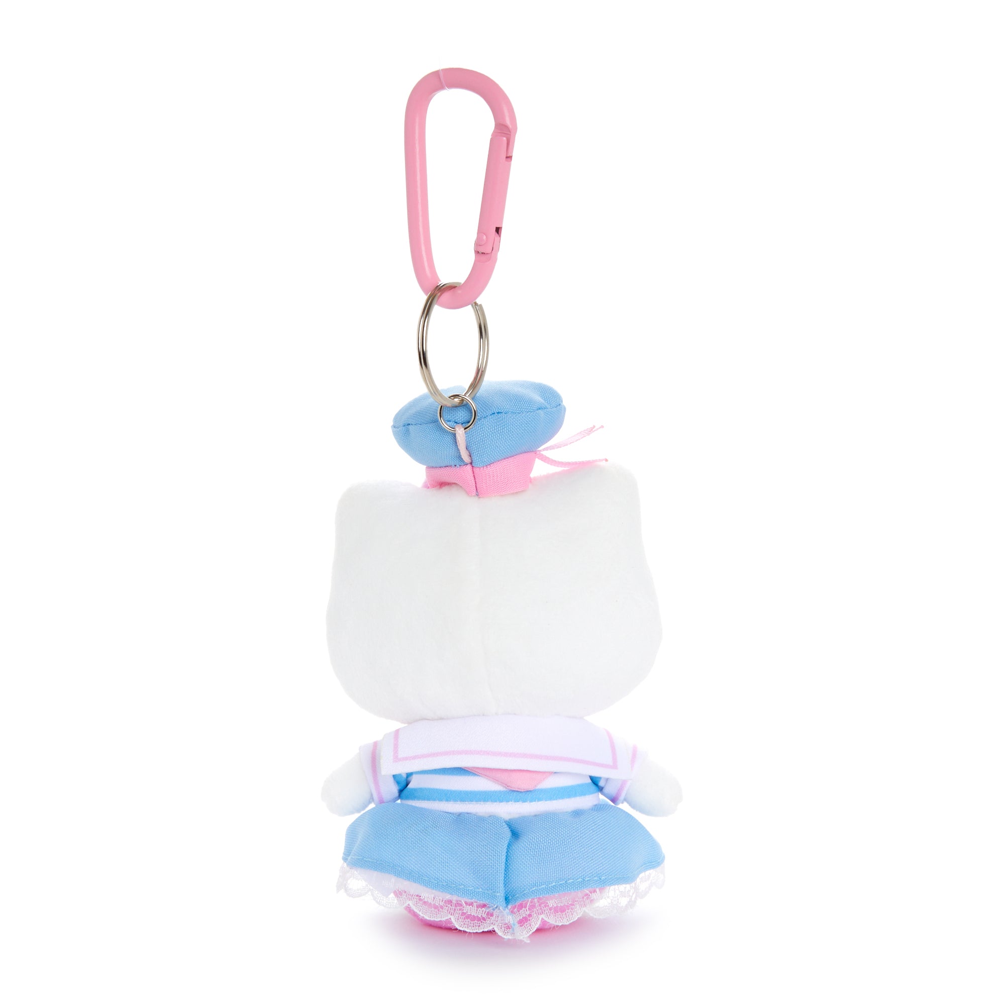 Side view of Hello Kitty keychain plush showing embroidered details