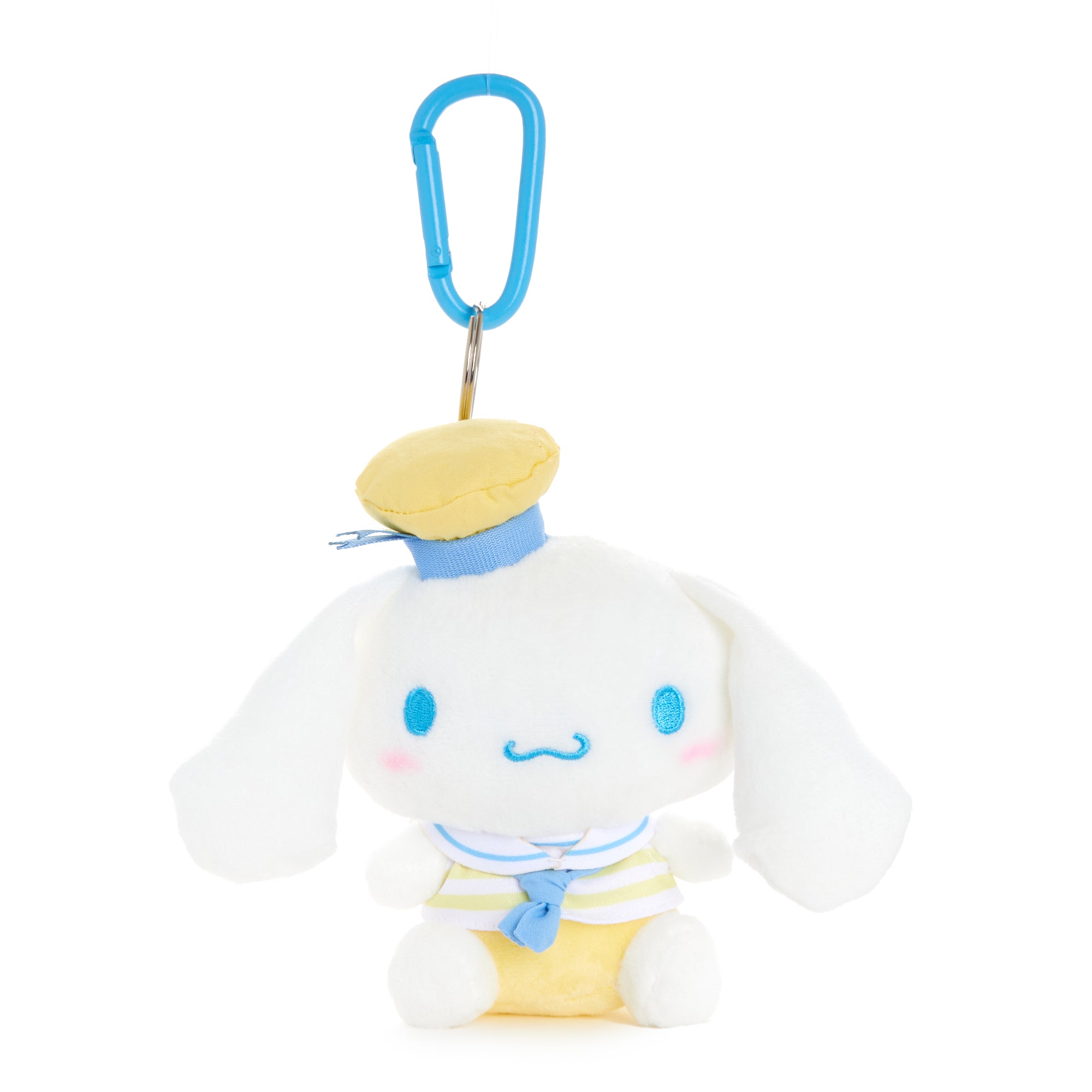 Close-up of Cinnamoroll mascot plush keychain with embroidered sailor details Close-up of Cinnamoroll mascot plush keychain with embroidered sailor details