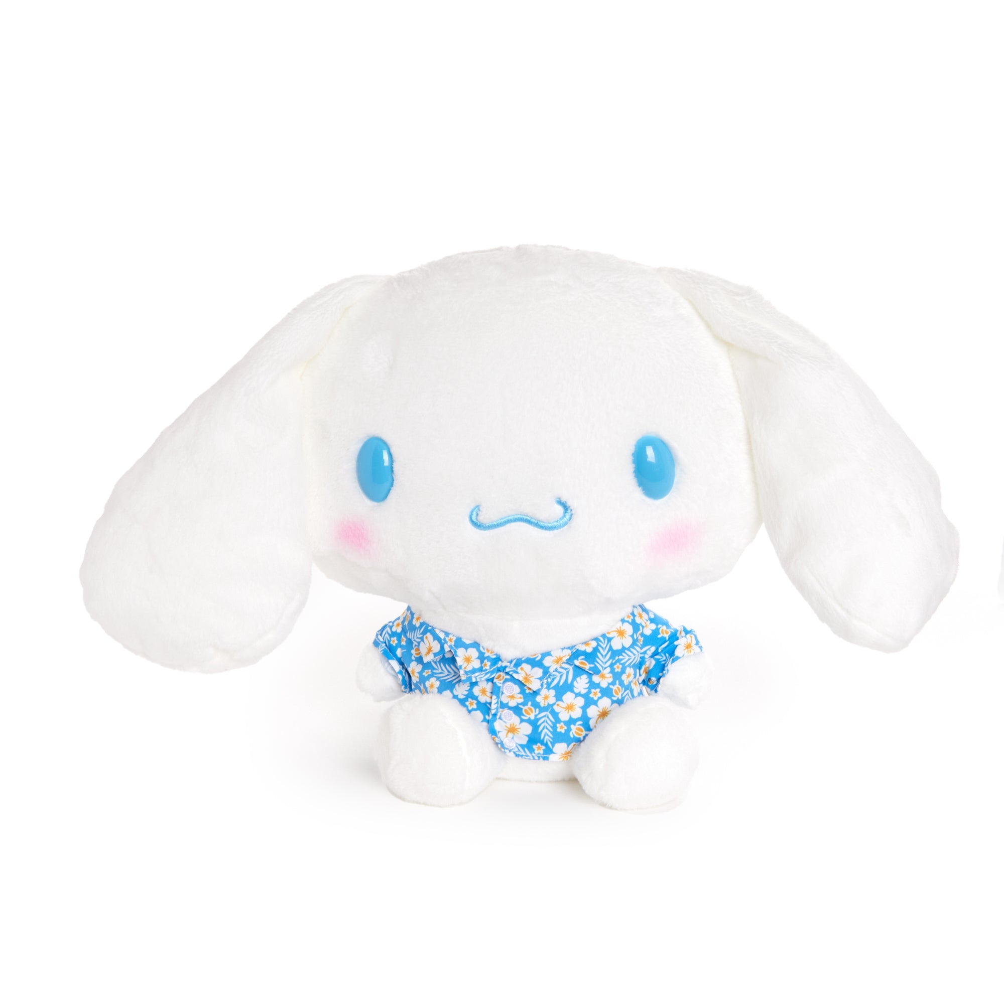 Close-up of Sanrio Cinnamoroll plush toy showing embroidered floral details
