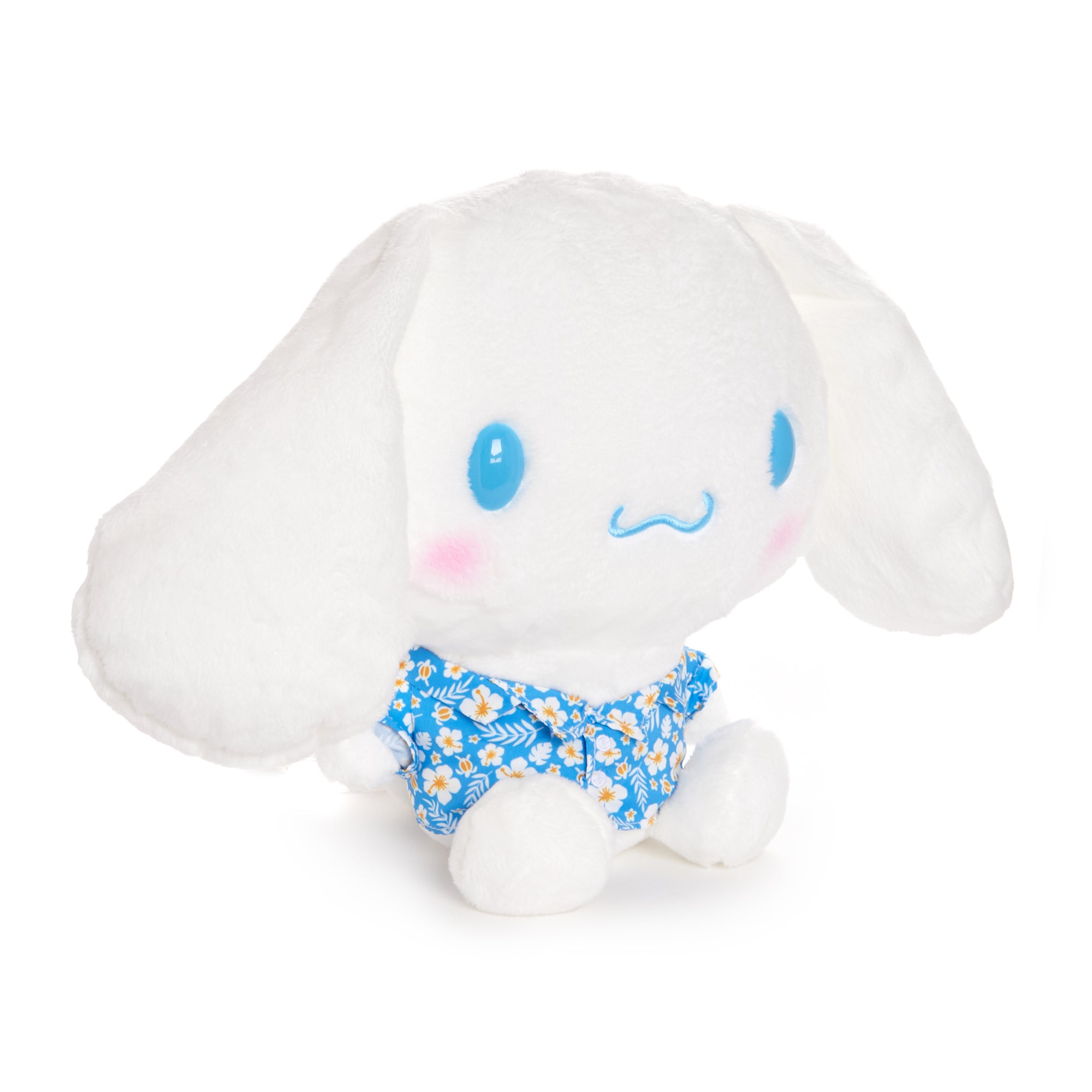 Side view of tropical-themed Cinnamoroll plush with applique accents