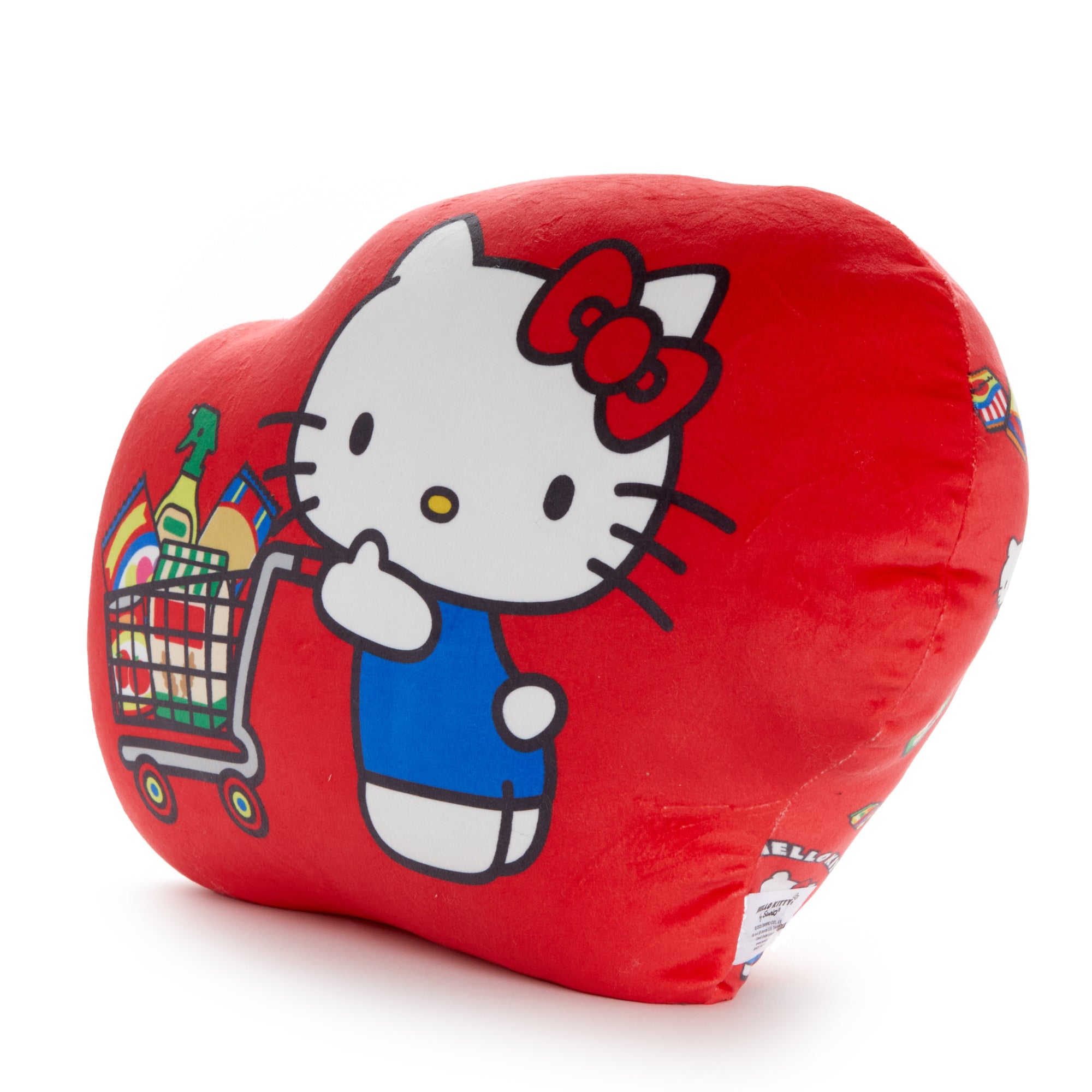 Side angle showing all-over print and cozy texture of the Hello Kitty pillow