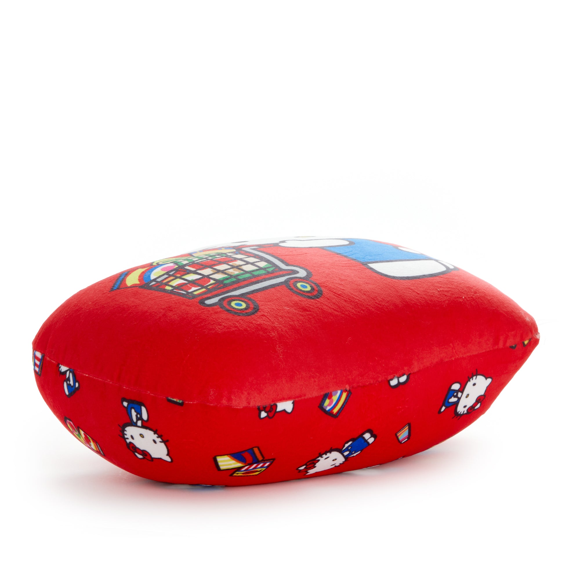 Side angle showing all-over print and cozy texture of the Hello Kitty pillow