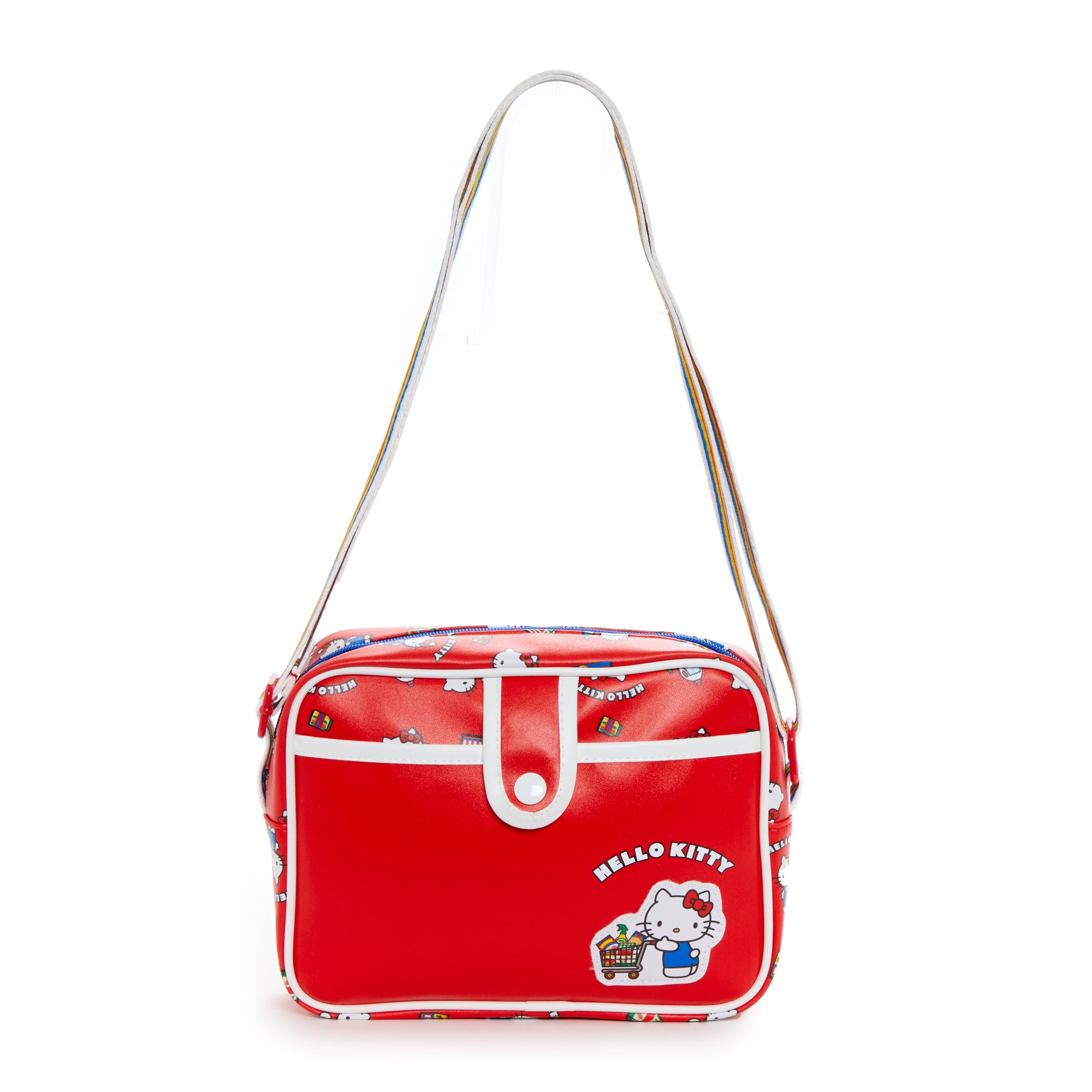 Front view of Hello Kitty crossbody bag with adjustable strap and all-over print design