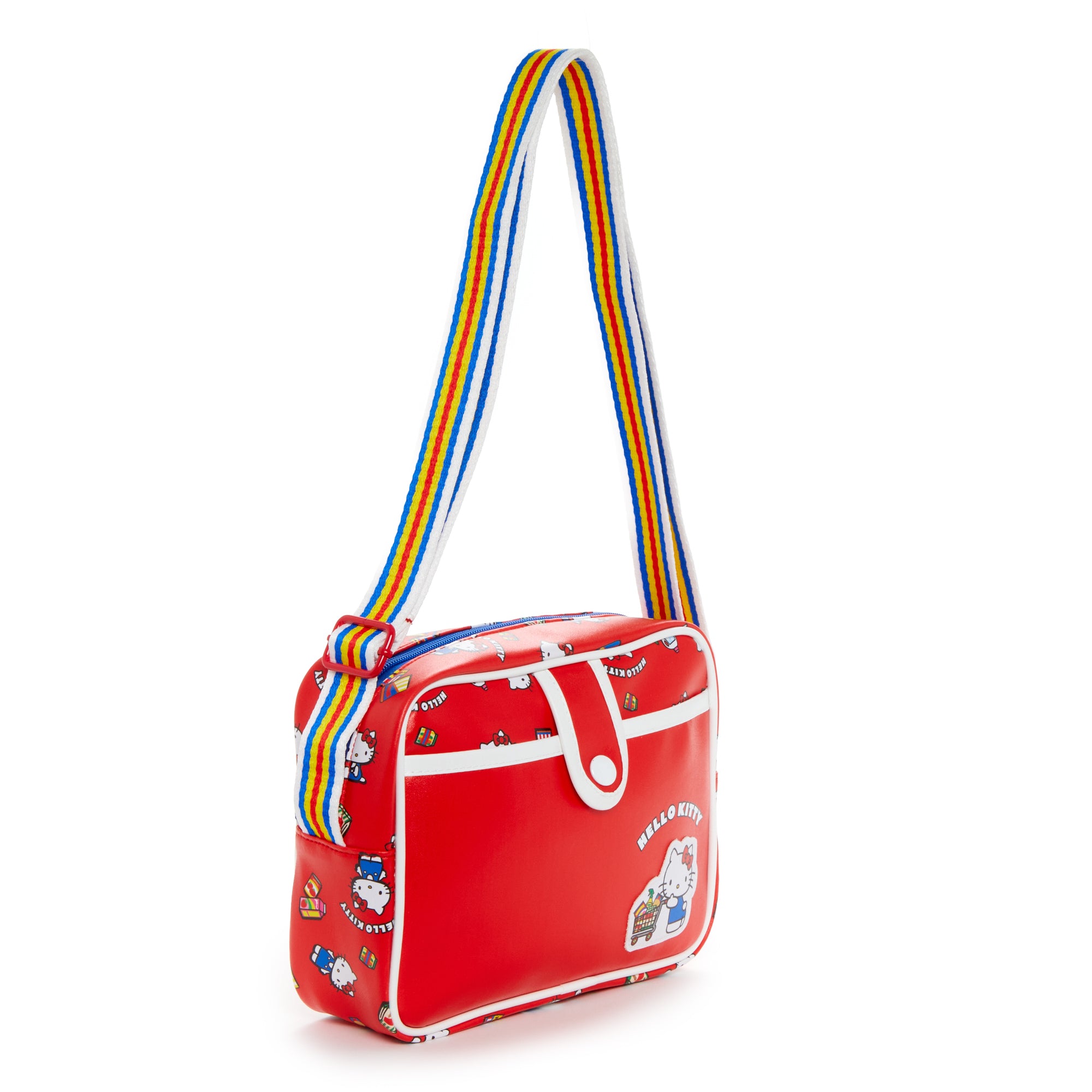 Close-up of adjustable strap and zipper details on Hello Kitty shopping bag
