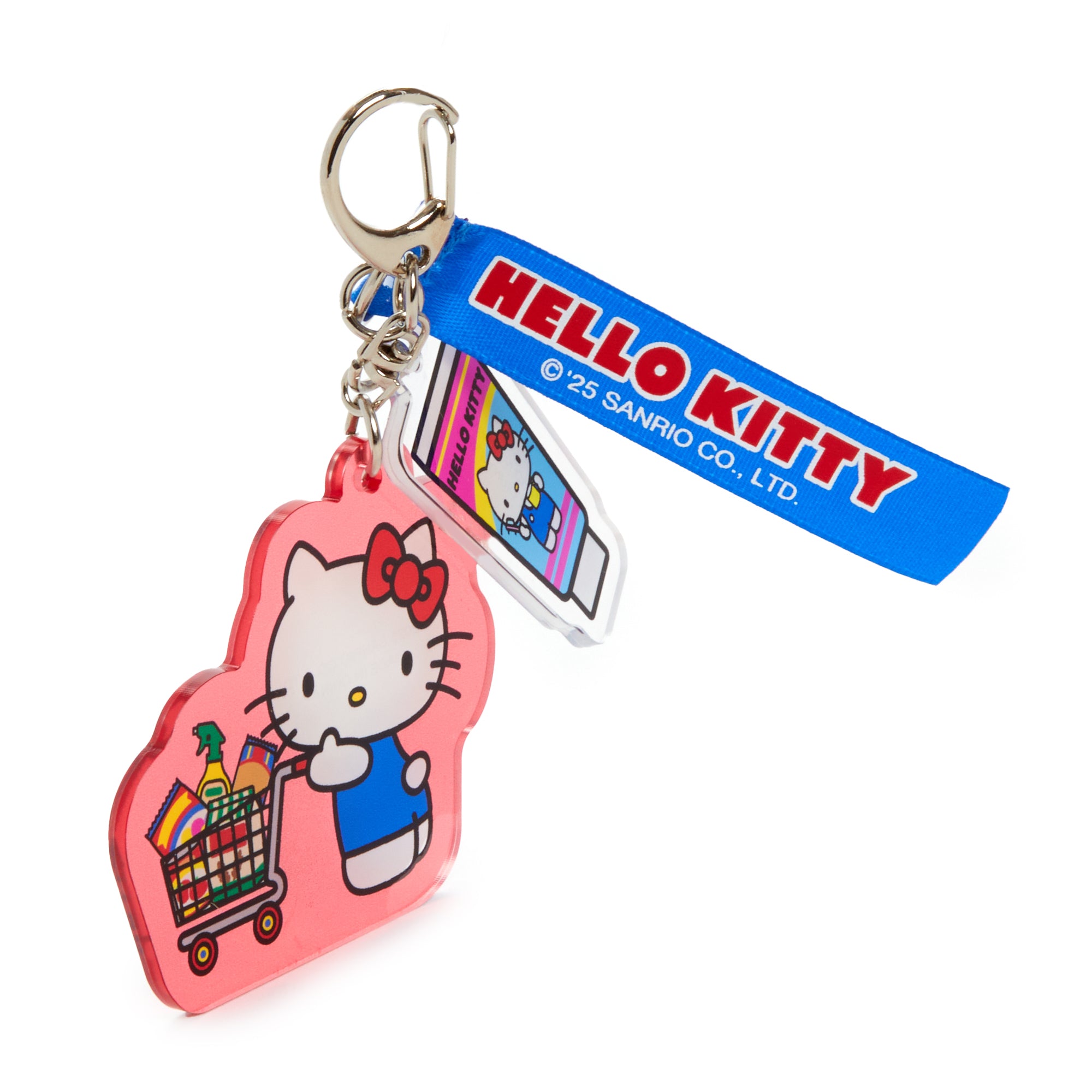 Backpack view with Hello Kitty keychain showing its vibrant Supermarket Series artwork