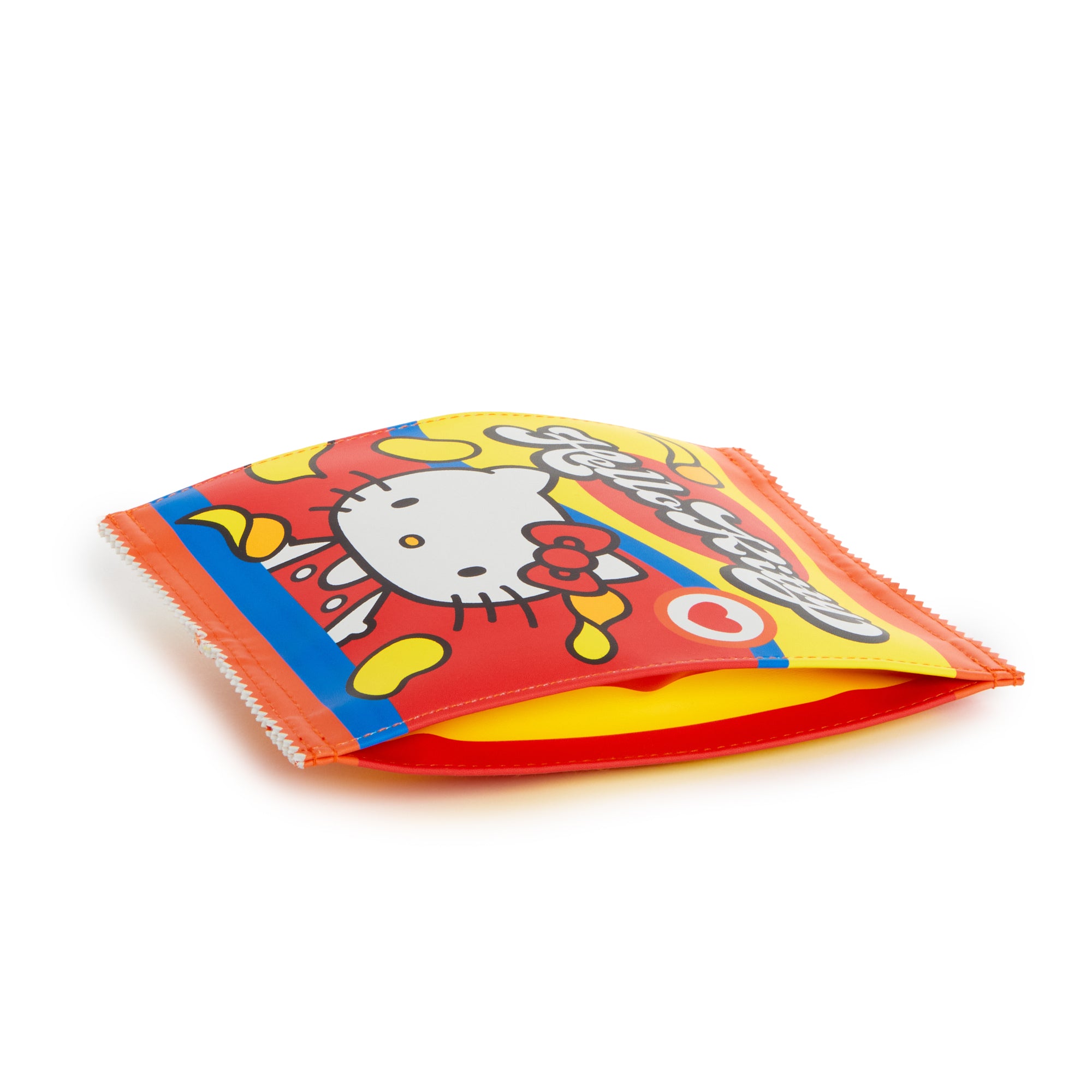 Front view of Hello Kitty zipper pouch with snack-inspired potato chip design, perfect for carrying small items