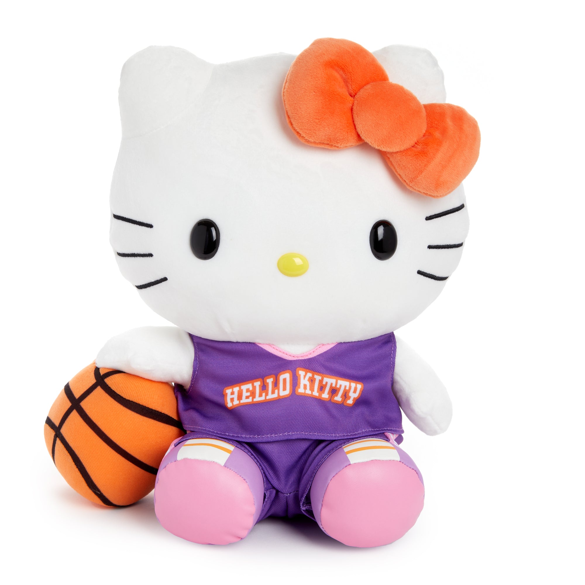 Hello Kitty basketball plush displayed on a wooden shelf with sporty decor