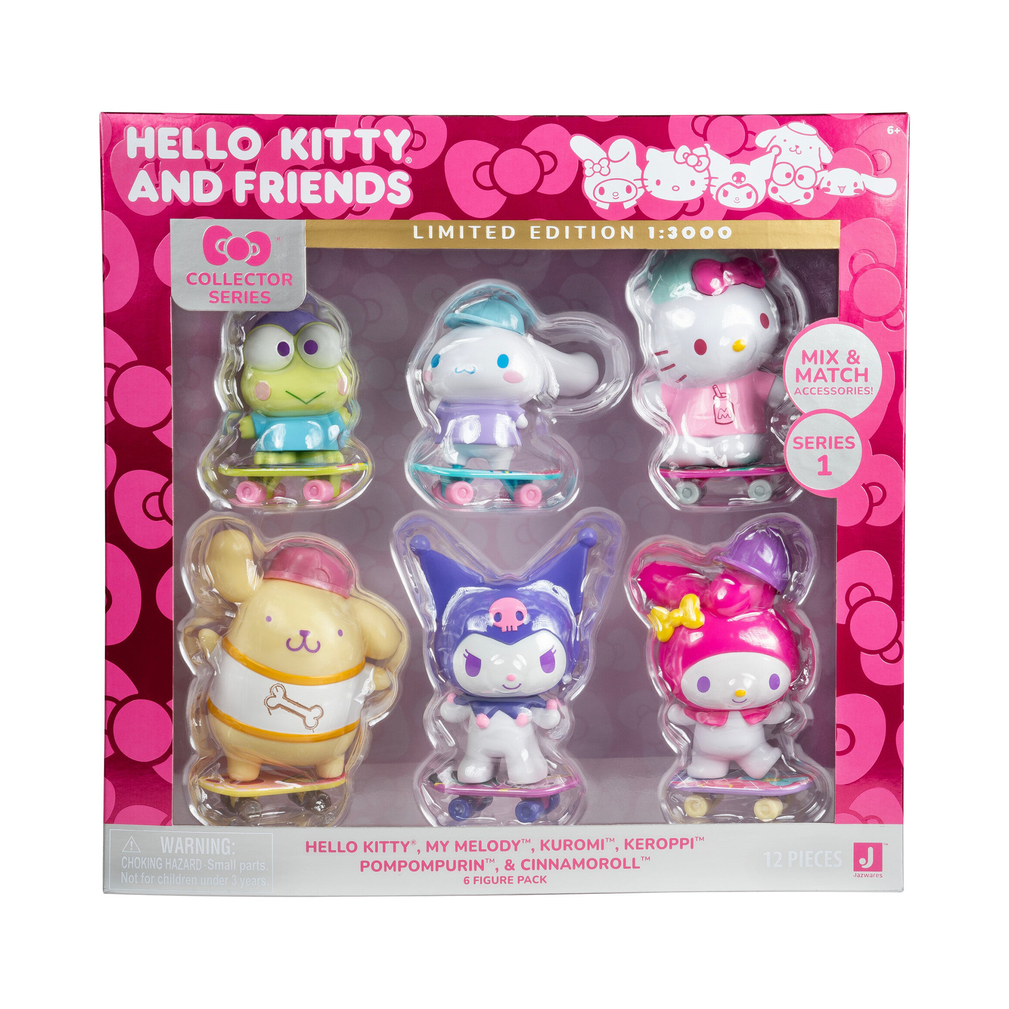 Hello Kitty and Friends figures displayed with colorful skateboards