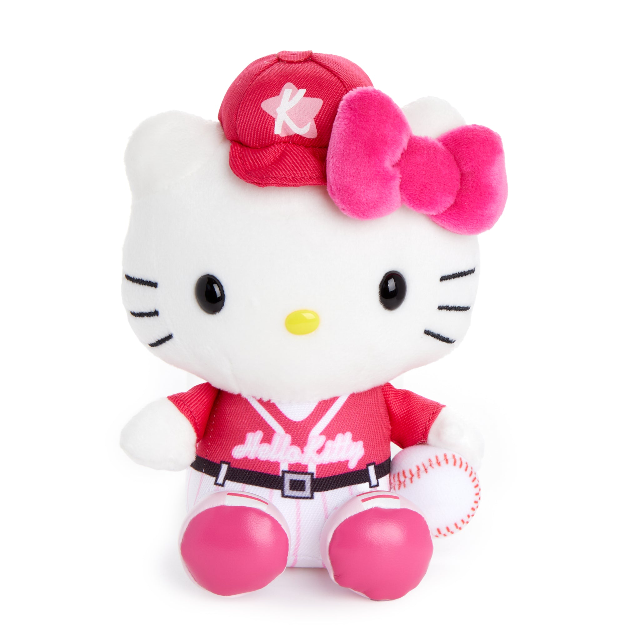 Hello Kitty baseball clip mascot attached to a sporty backpack.