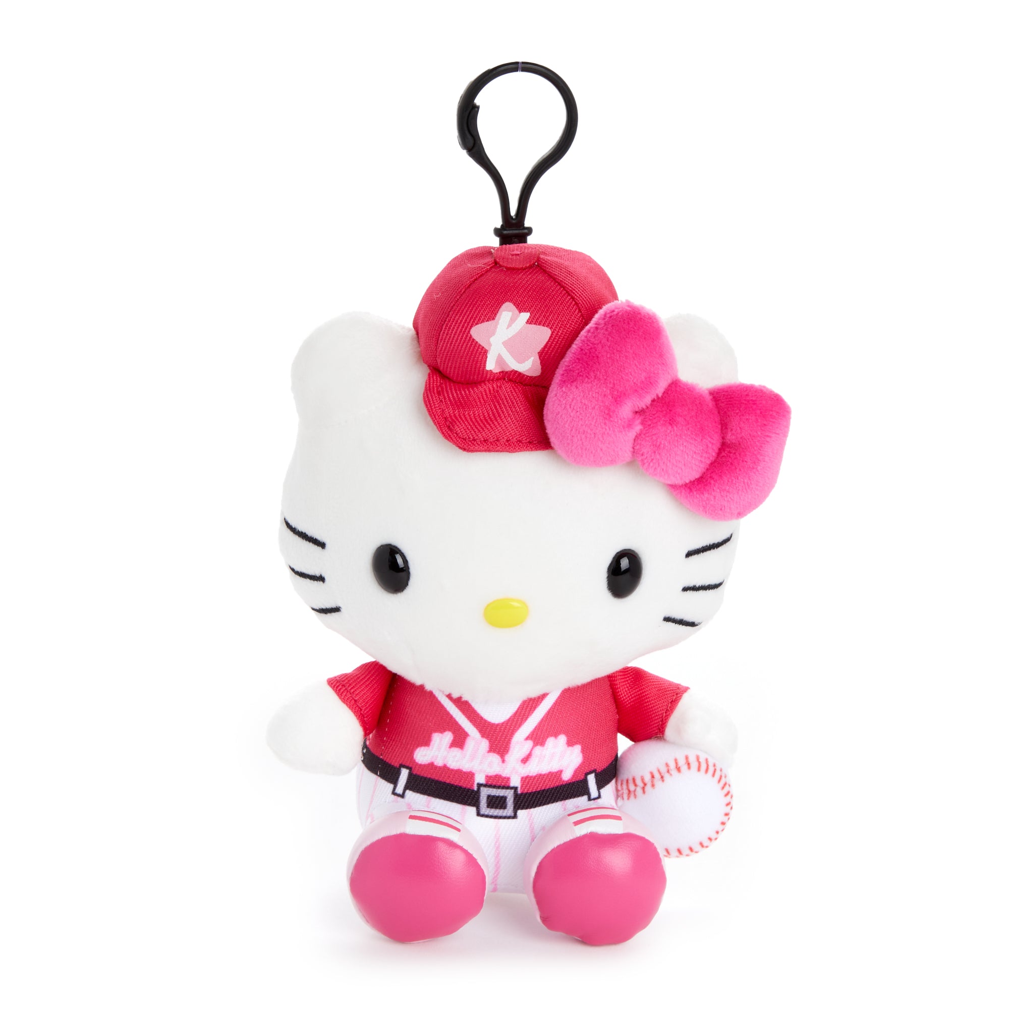 Front view of the Hello Kitty baseball clip mascot, perfect for activities.