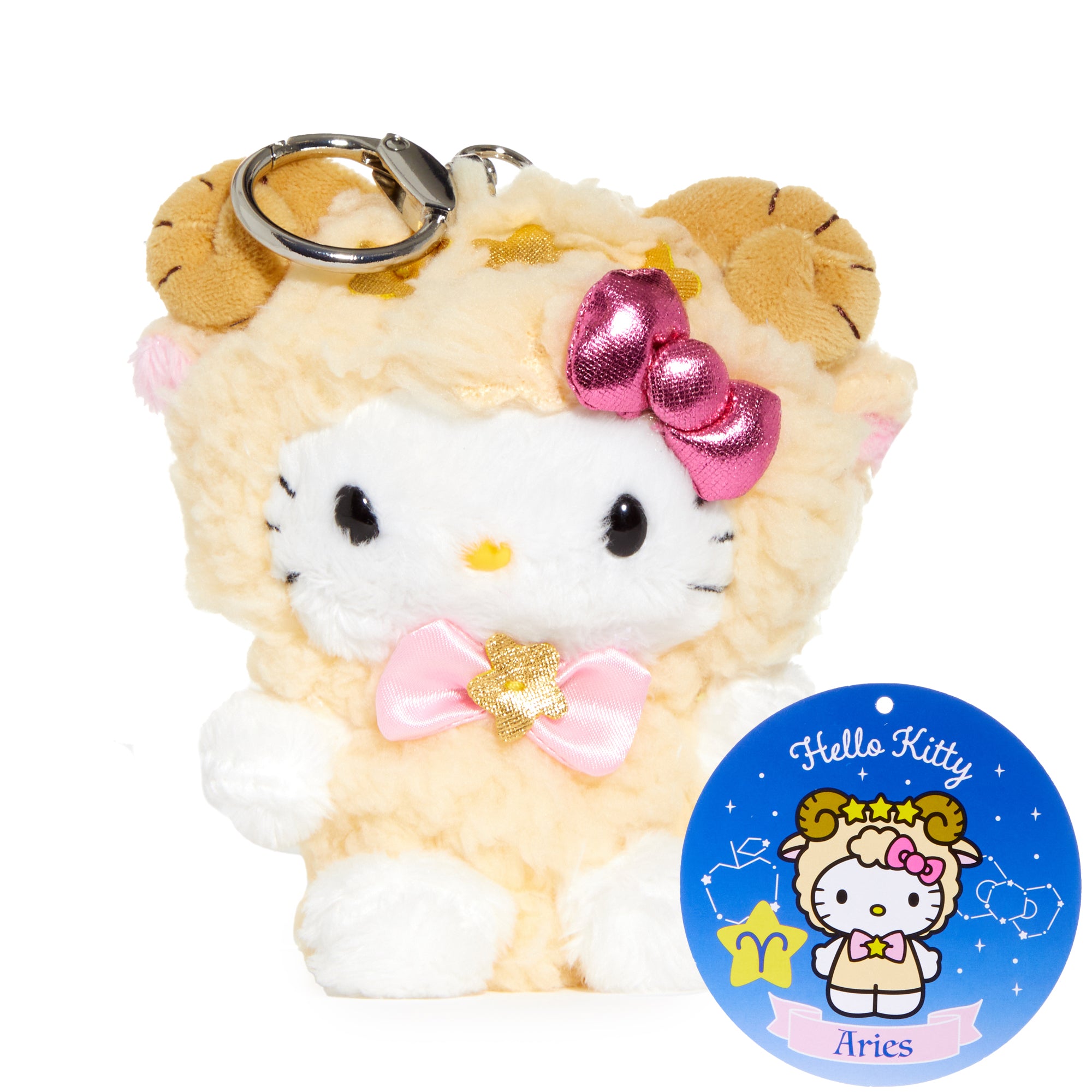 Front view of Hello Kitty Aries plush toy with embroidered zodiac elements