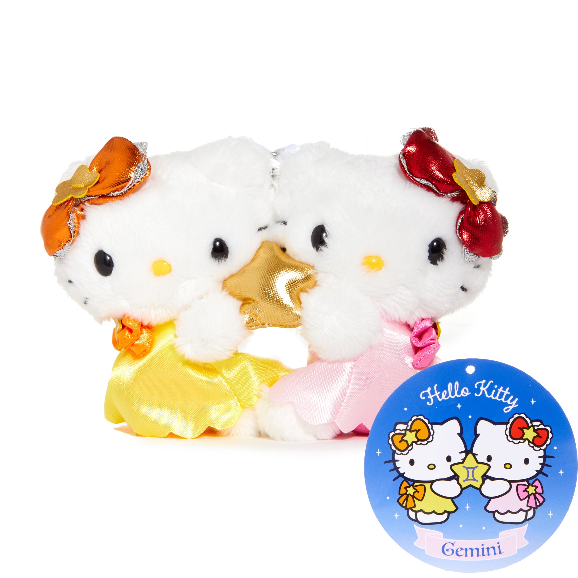 Front view of Hello Kitty Gemini zodiac plush keychain held in hand
