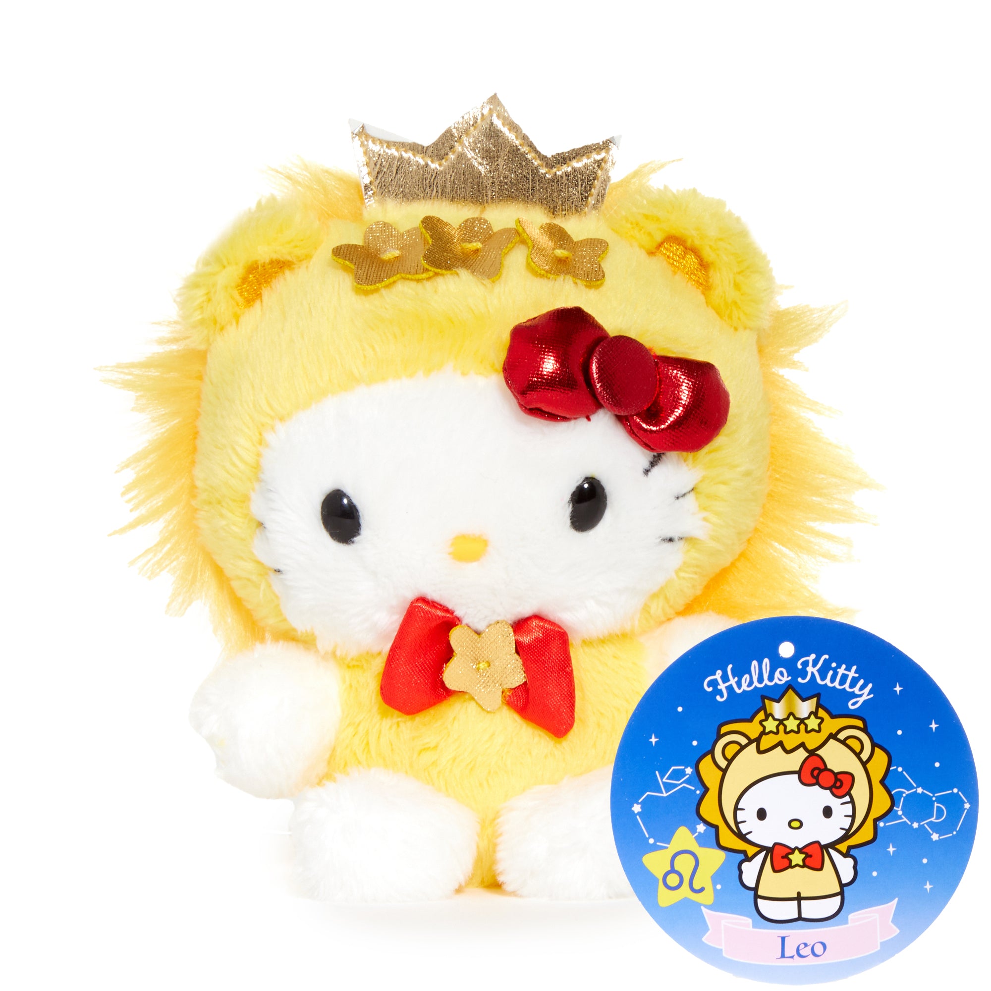 Front view of hello kitty keychain plush with Leo symbol embroidered — ideal zodiac plush toy for collectors.