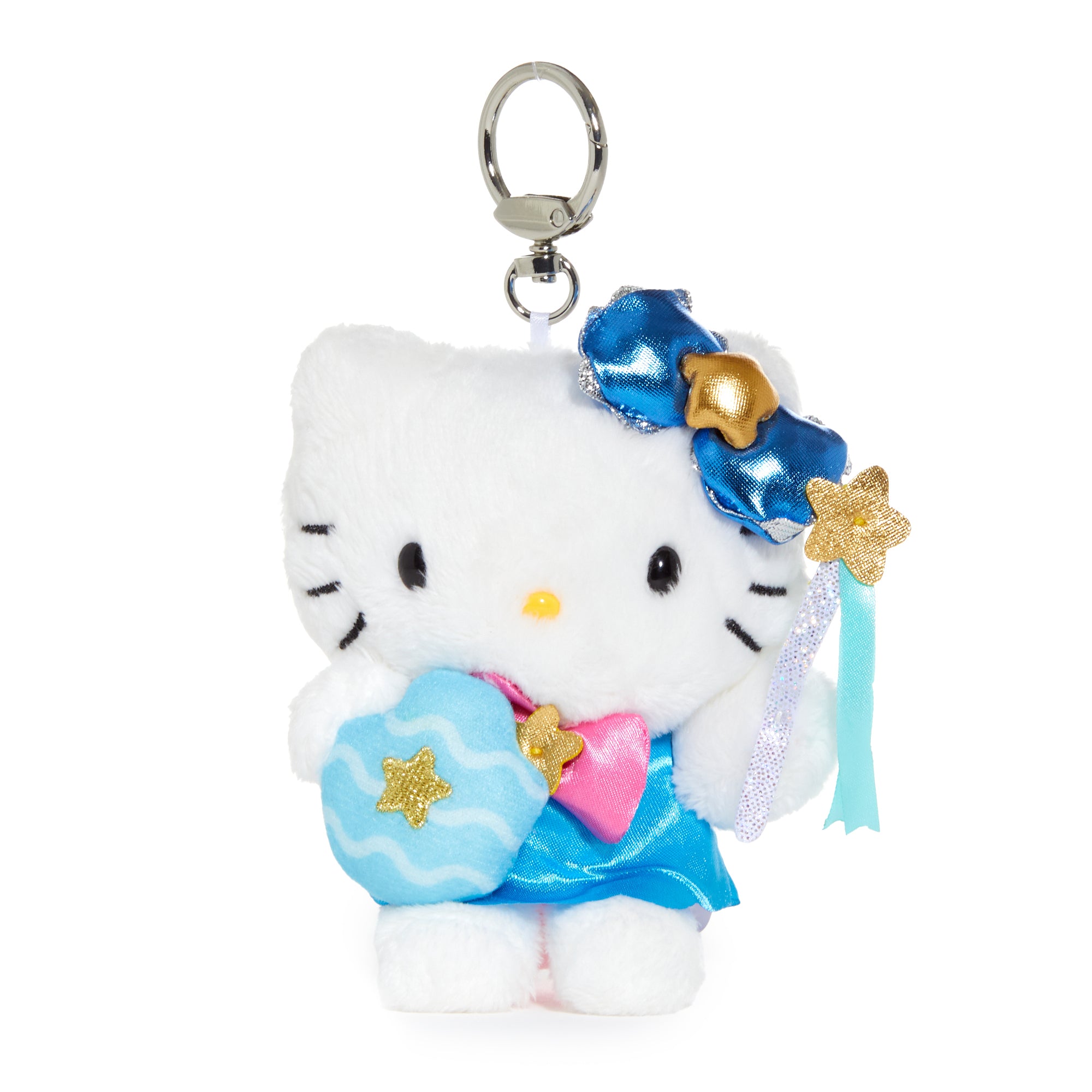 Close-up of the Hello Kitty Aquarius plush keychain, showing the embroidered and applique details.