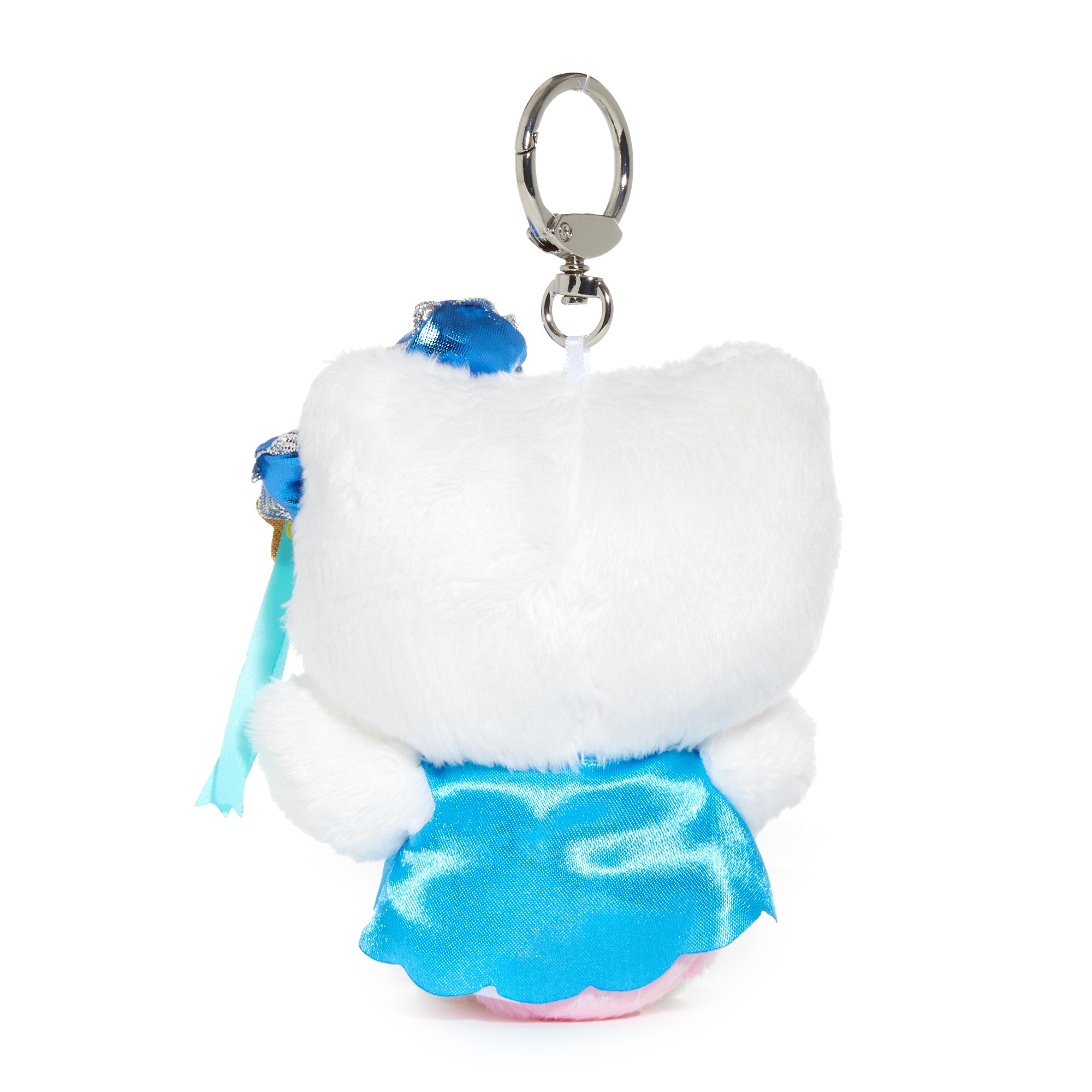 Close-up of the Hello Kitty Aquarius plush keychain, showing the embroidered and applique details.