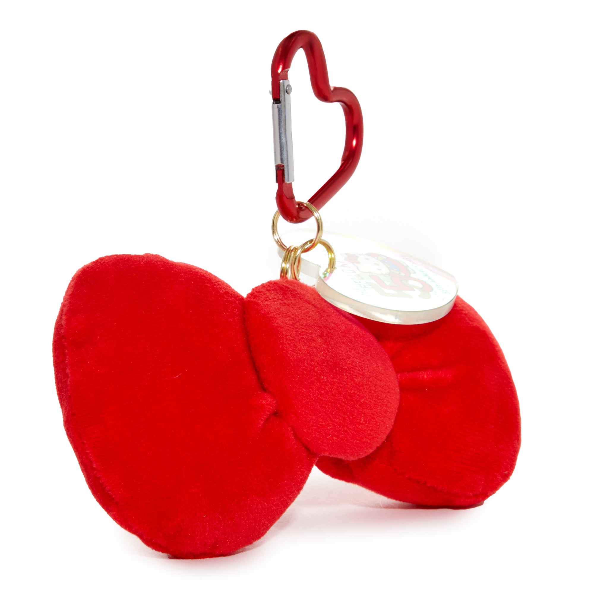 Hello Kitty plush mascot with heart-shaped carabiner and acrylic charm, side view