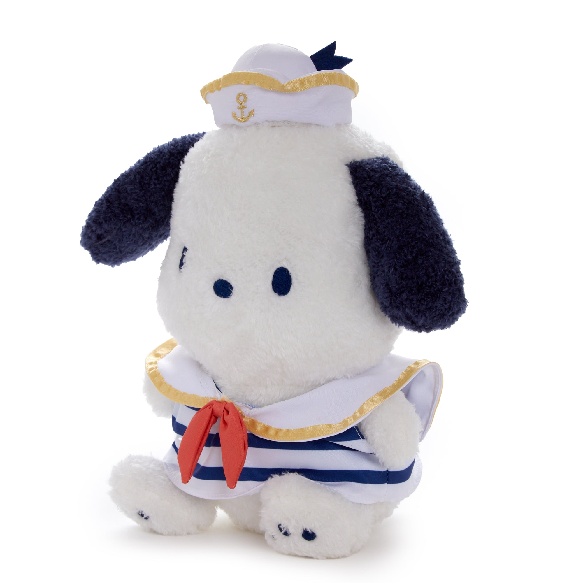 Front view of Pochacco plush toy in sailor outfit.