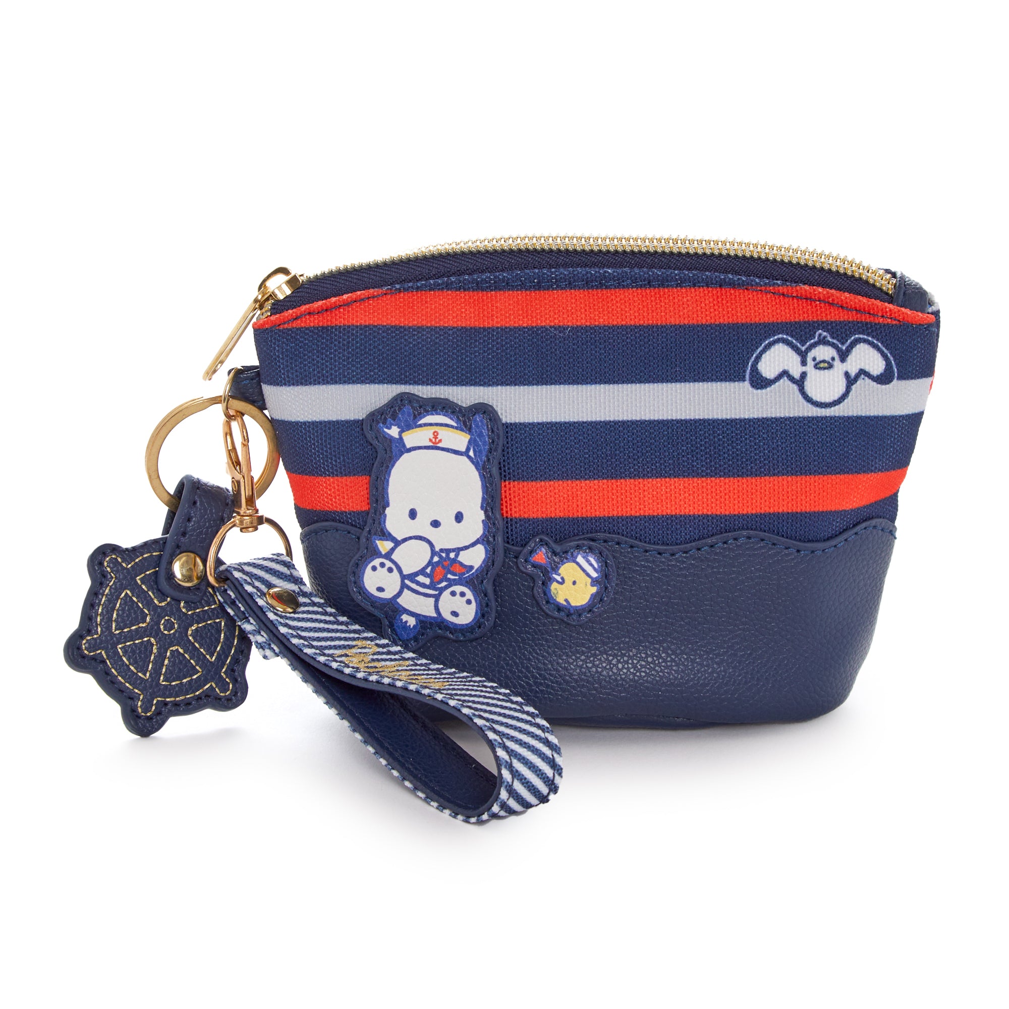 Close-up of Pochacco mini zipper pouch showcasing gold hardware.