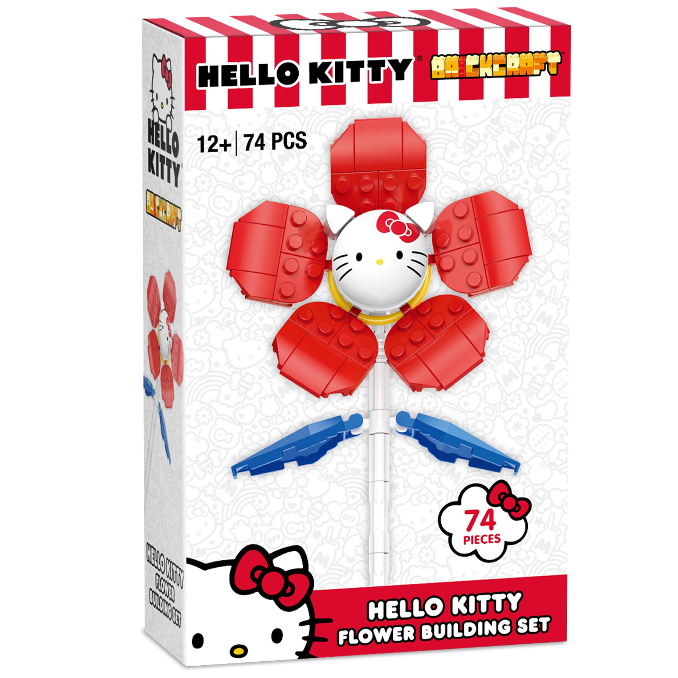 Close-up of the kawaii brick craft featuring Hello Kittys face in a flower design