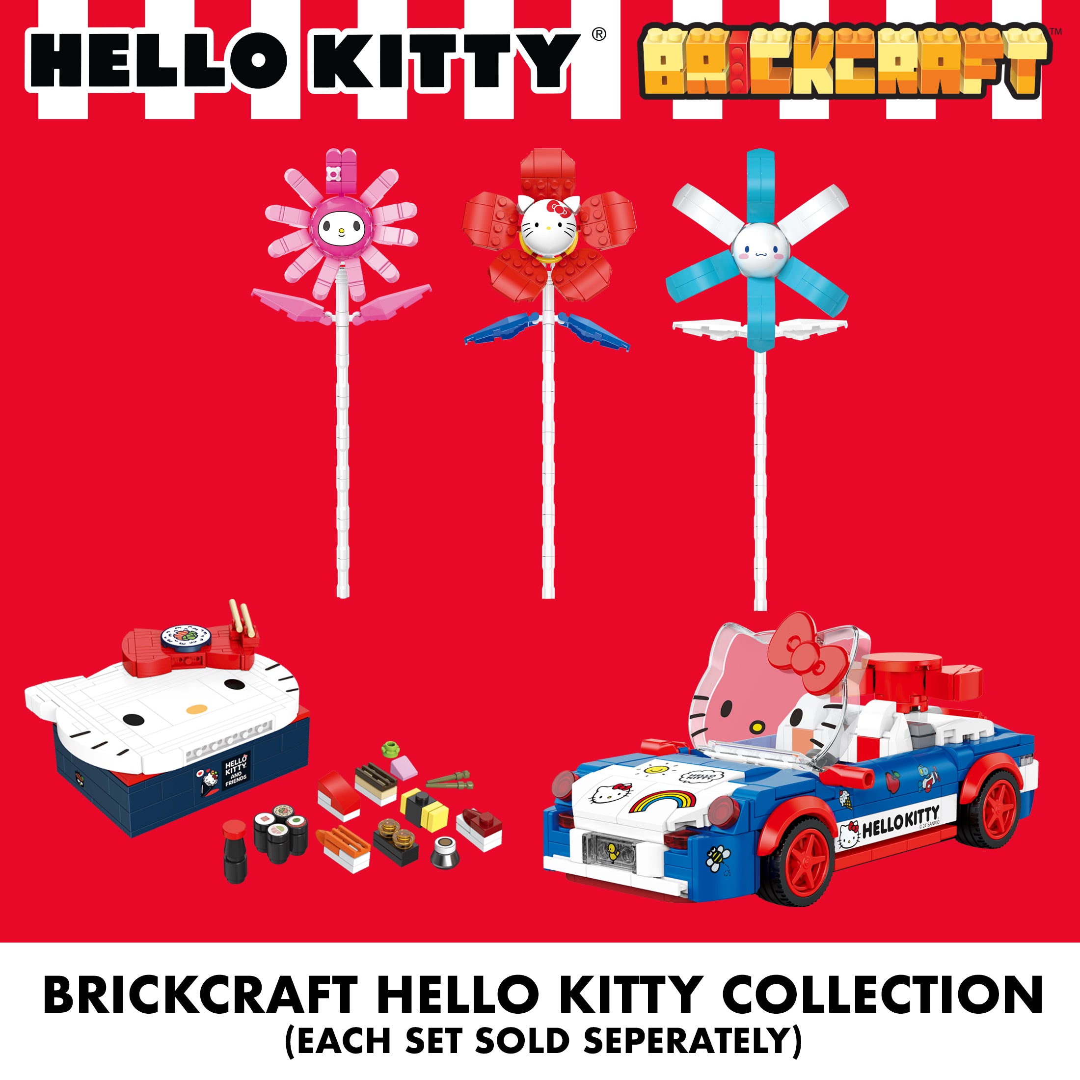 Close-up of the kawaii brick craft featuring Hello Kittys face in a flower design