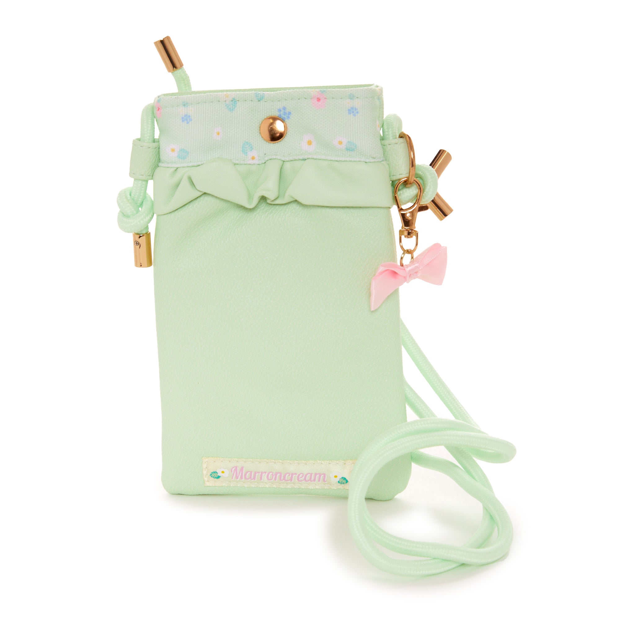 Marron Cream crossbody phone bag with mesh window and bow clasp charm
