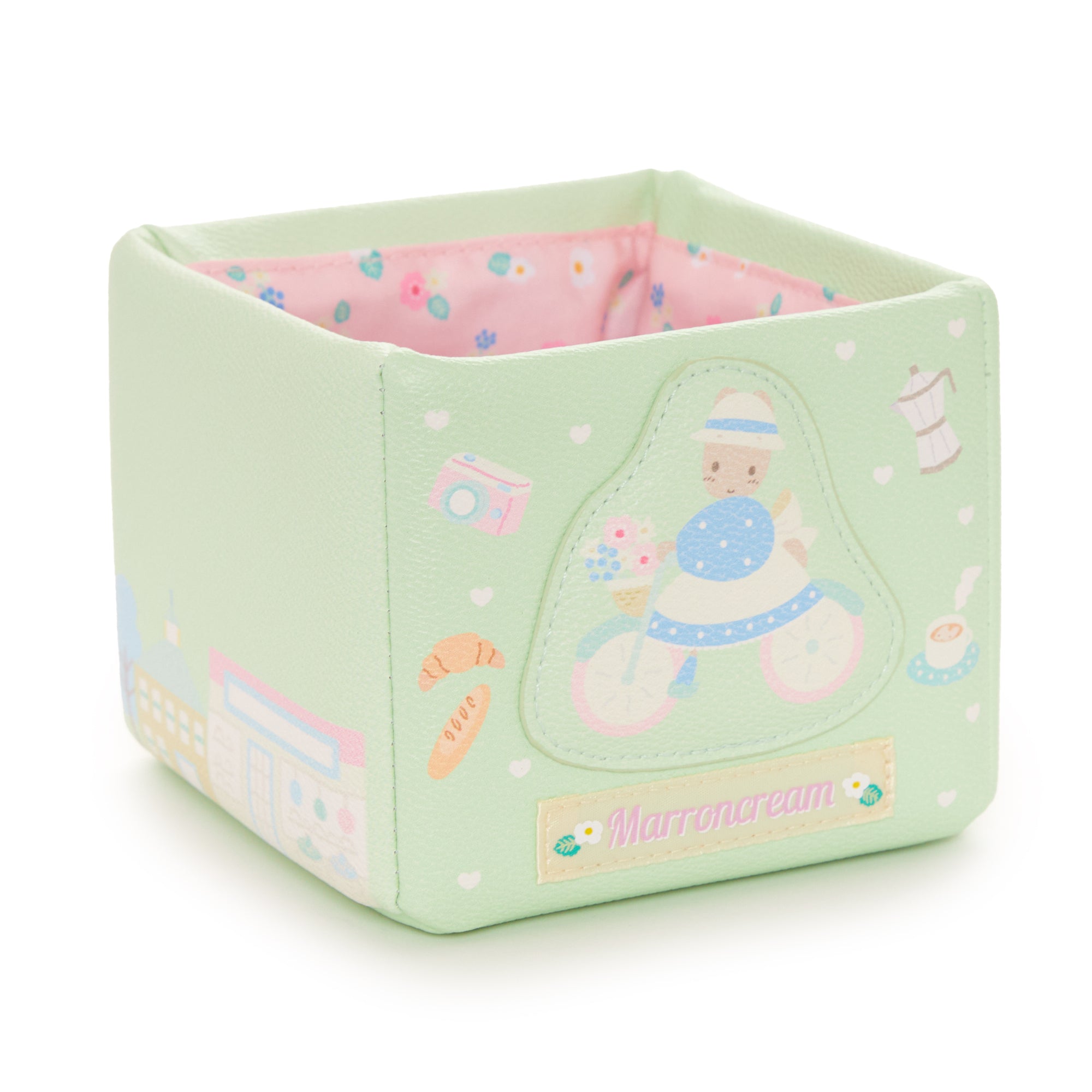 Marron Cream mini storage box open, showcasing its cute design and pastel colors.