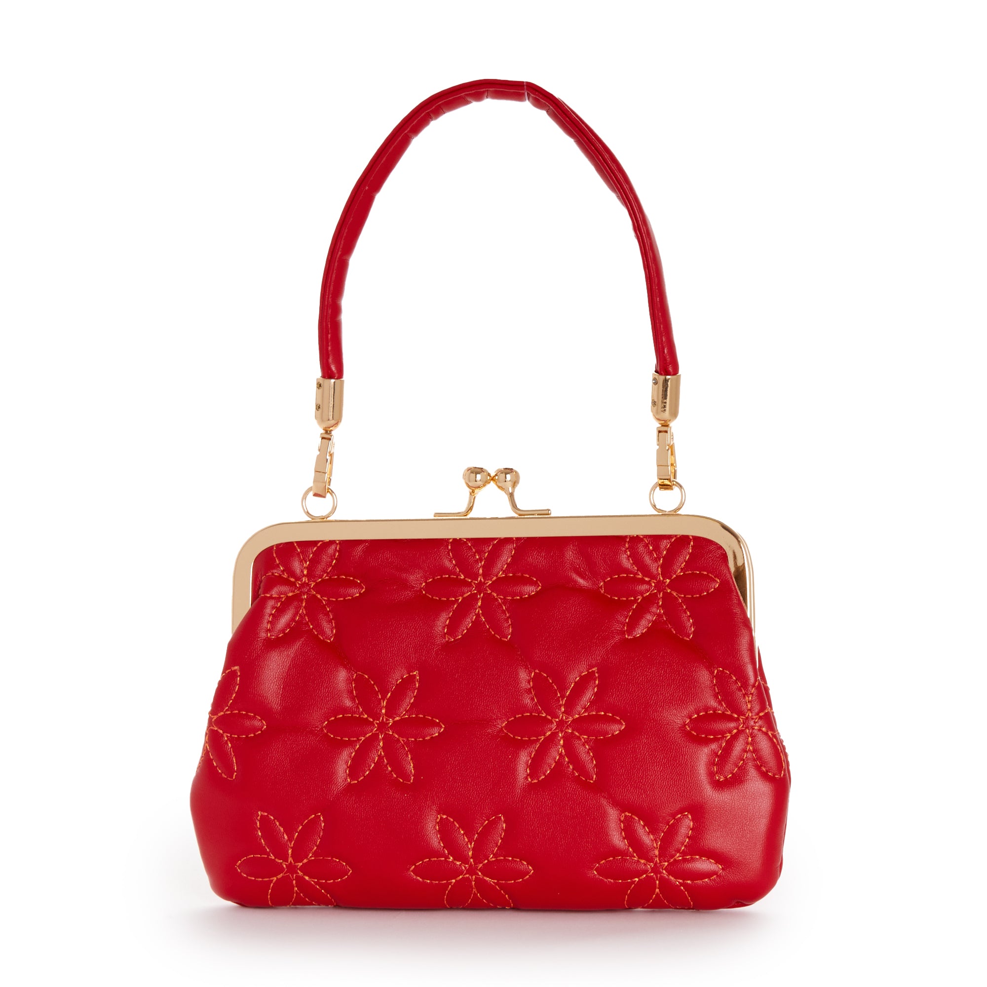 Side angle of vintage handbag showing braided shoulder strap and gold hardware