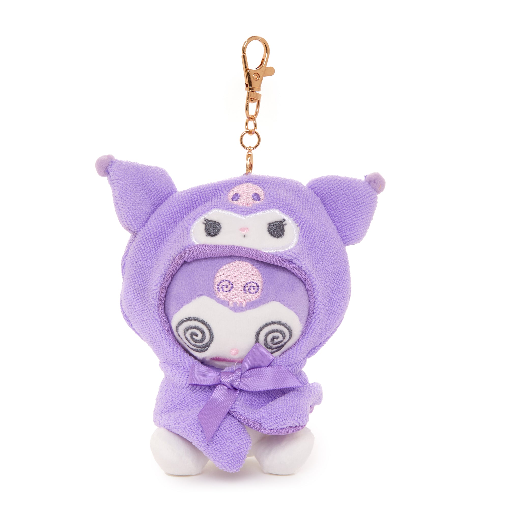 Kuromi plush keychain with removable cape attached to a backpack