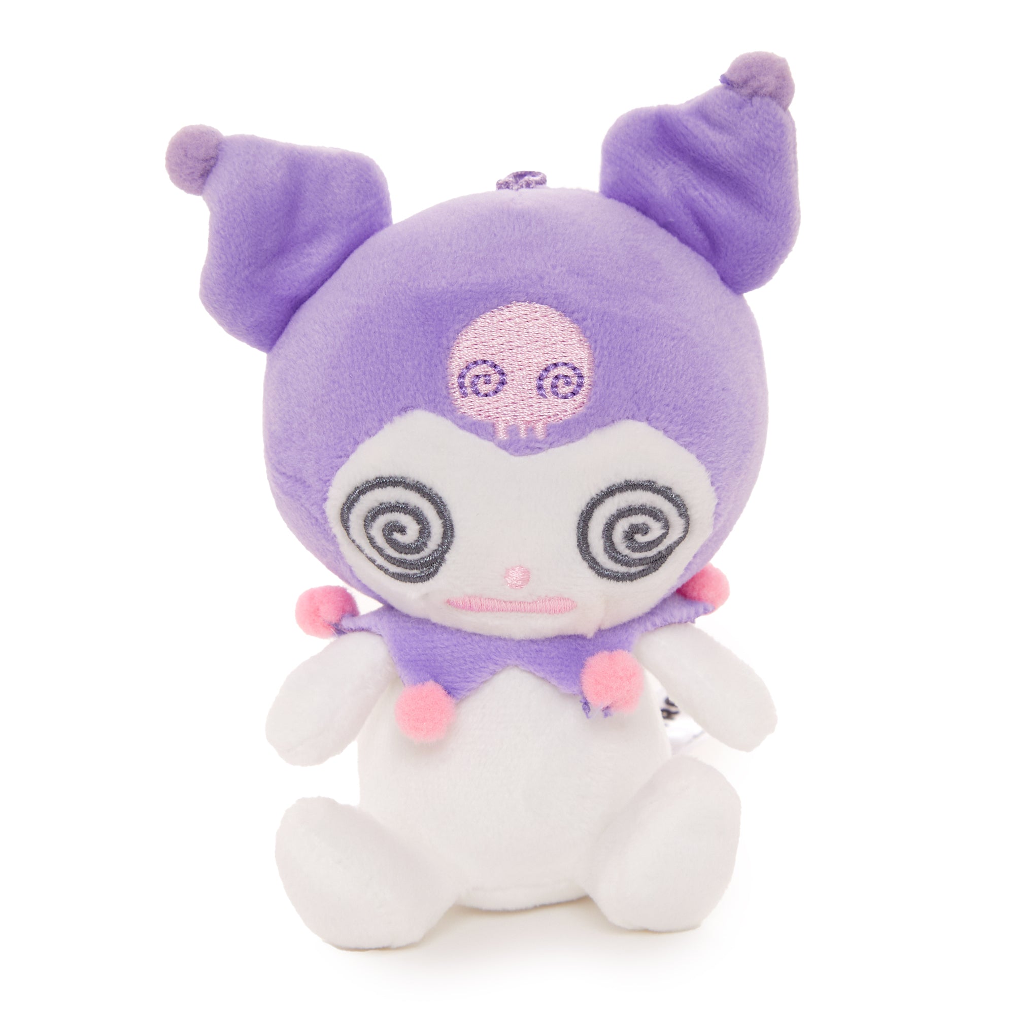 Kuromi plush keychain with removable cape attached to a backpack