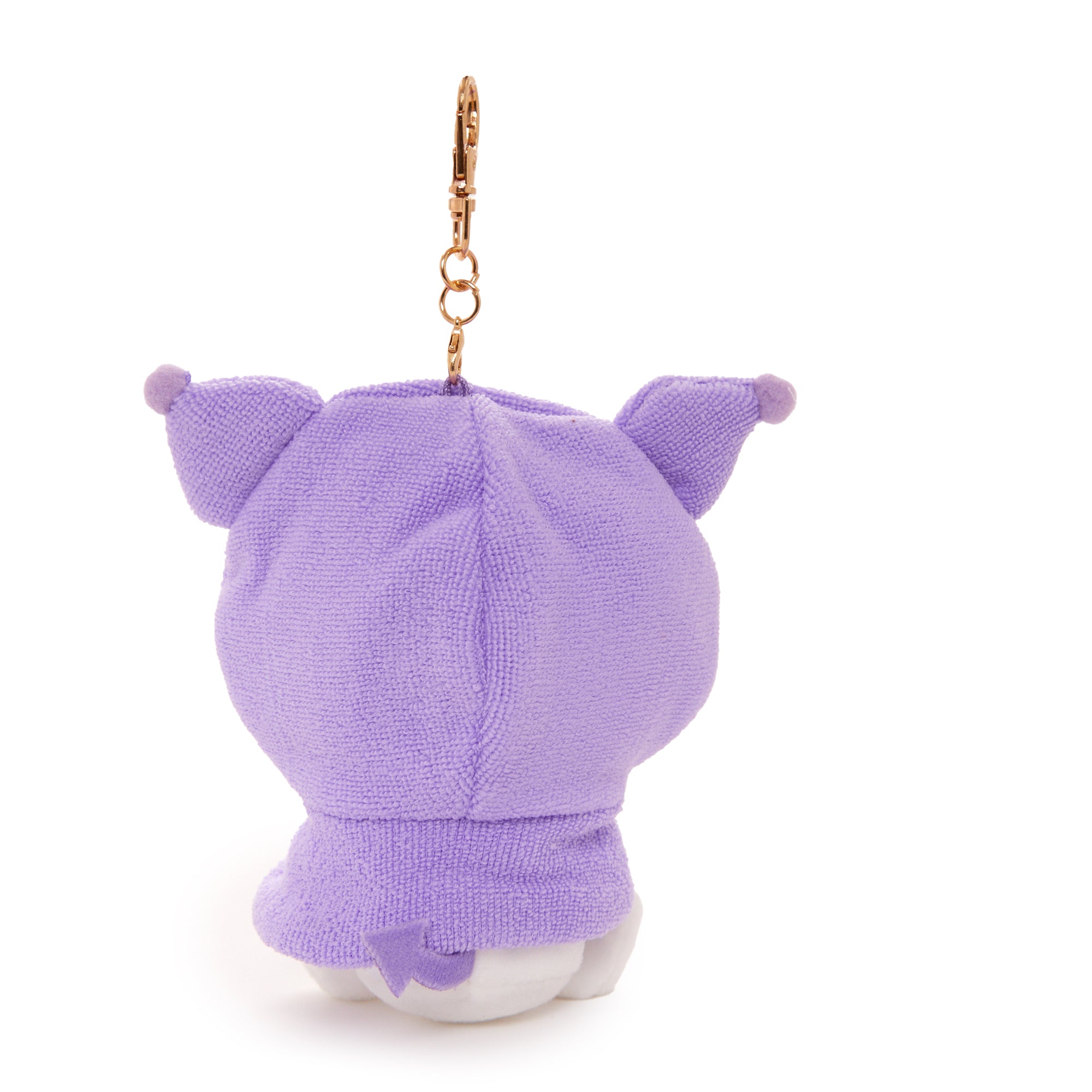 Front view of Kuromi plush mascot keychain showing embroidered details